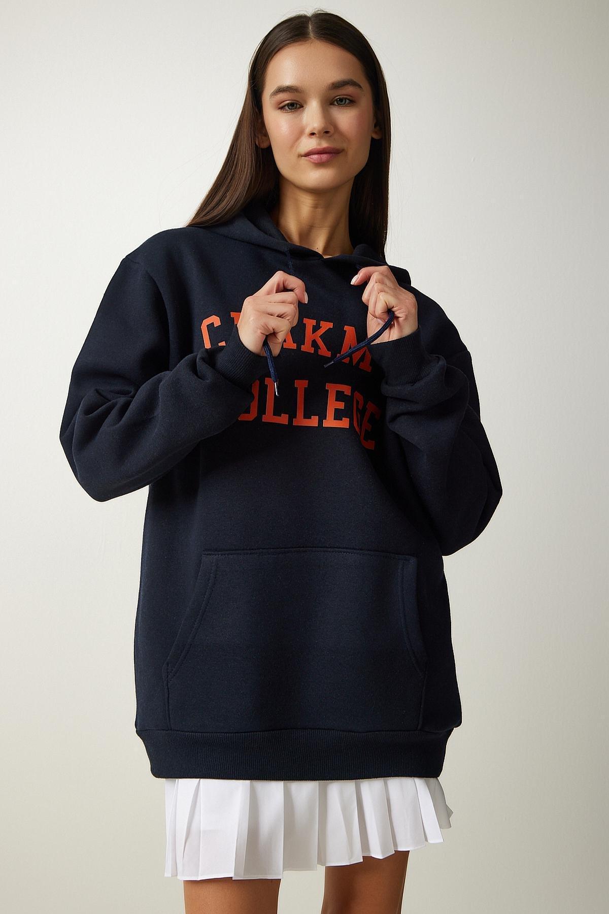 Navy Printed Hooded Sweatshirt, , large image number 3