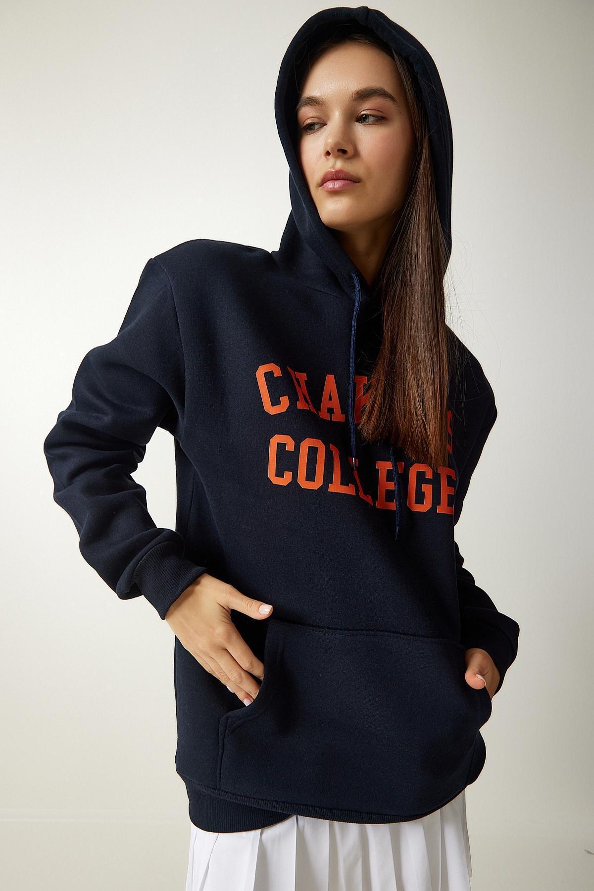 Navy Printed Hooded Sweatshirt, , large image number 4
