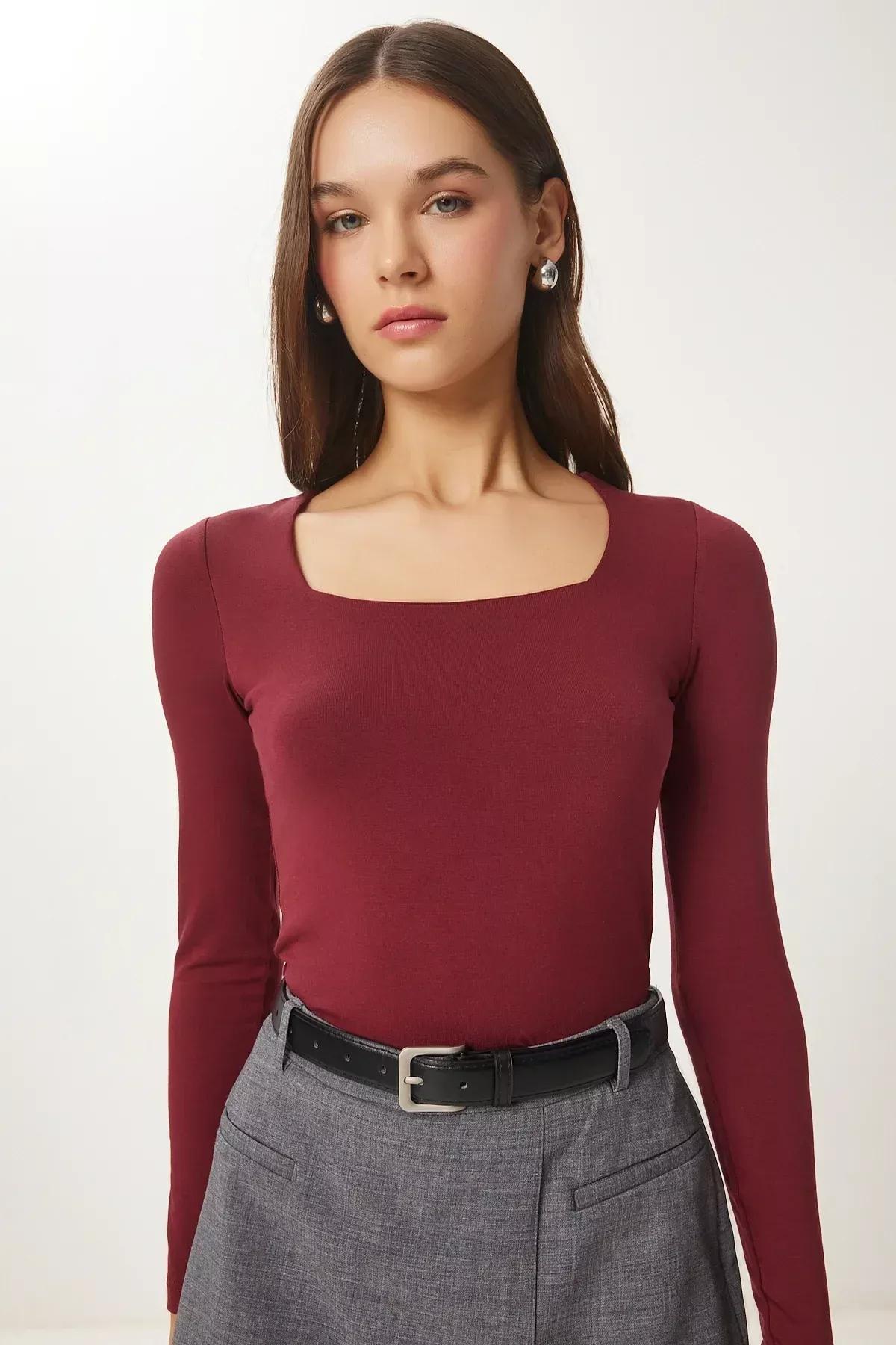 Red Square Collar Viscose Knitted Blouse, Burgundy, large image number 1