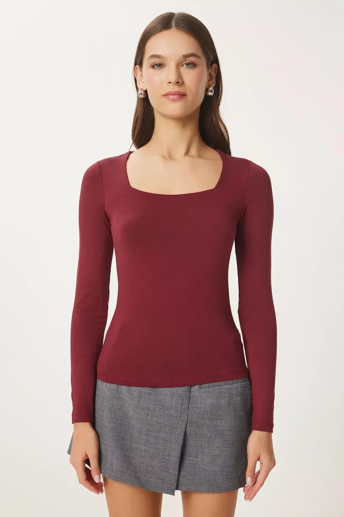 Red Square Collar Viscose Knitted Blouse, Burgundy, large image number 2