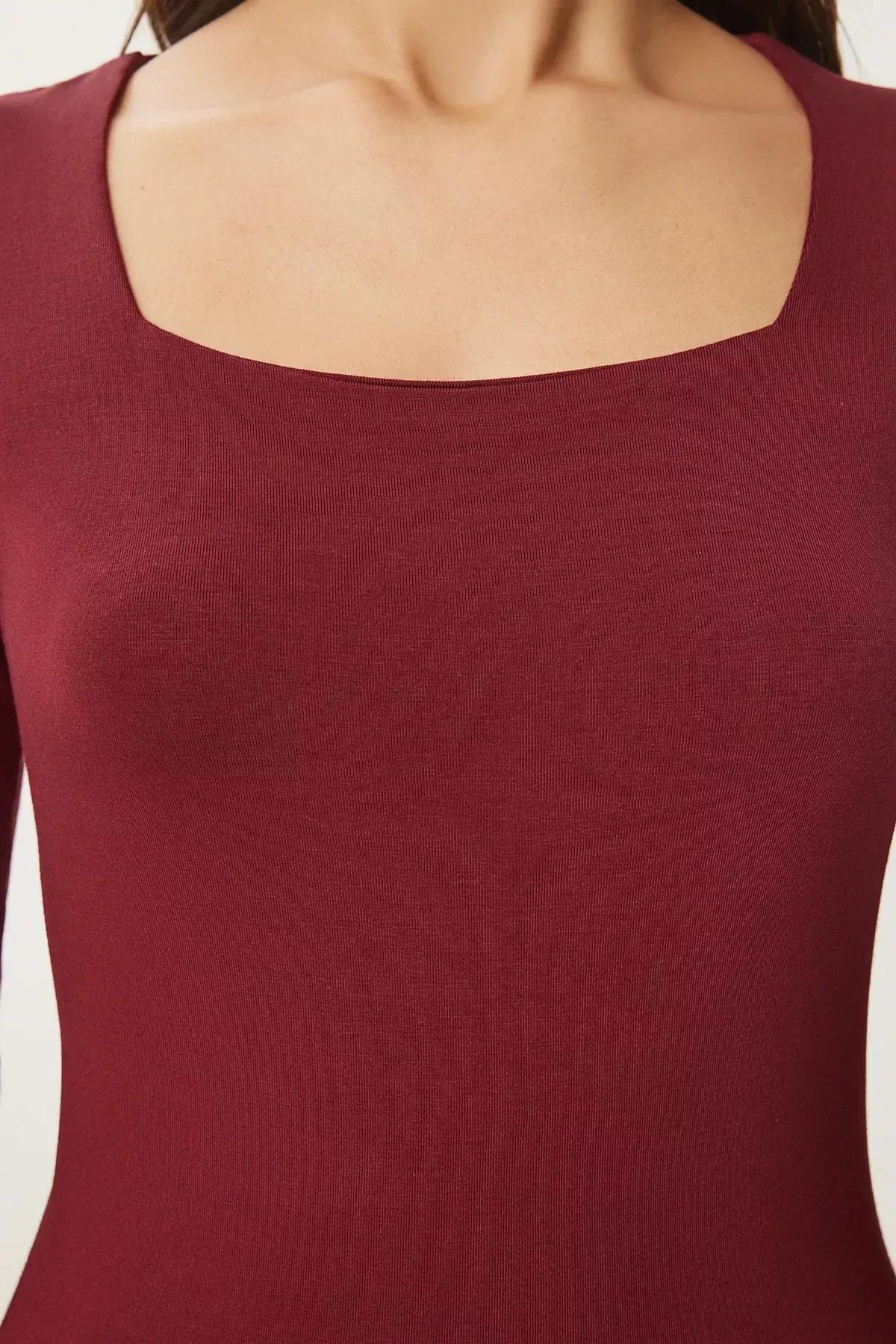 Red Square Collar Viscose Knitted Blouse, Burgundy, large image number 3