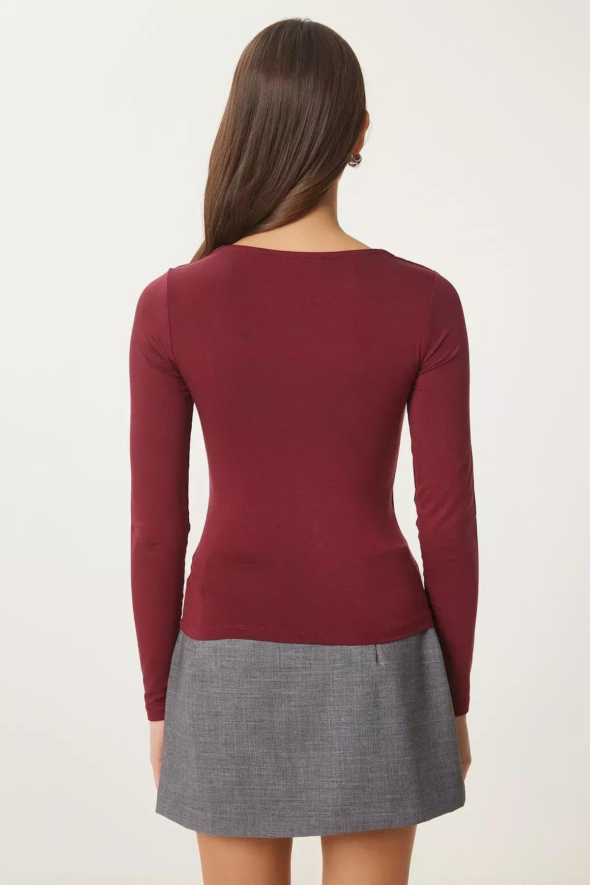Red Square Collar Viscose Knitted Blouse, Burgundy, large image number 4
