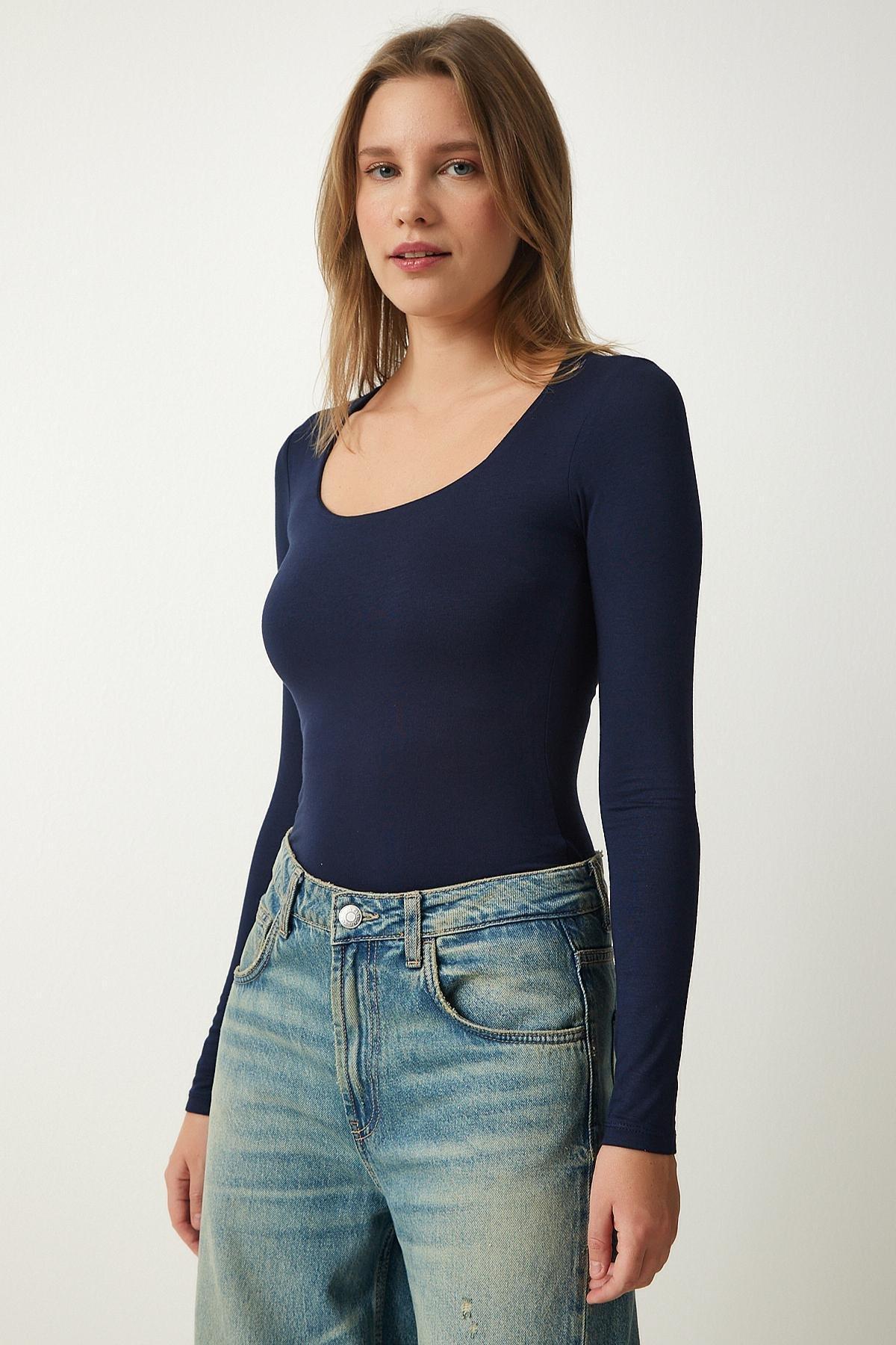Navy Square Neck Viscose Knitted Blouse, , large image number 1