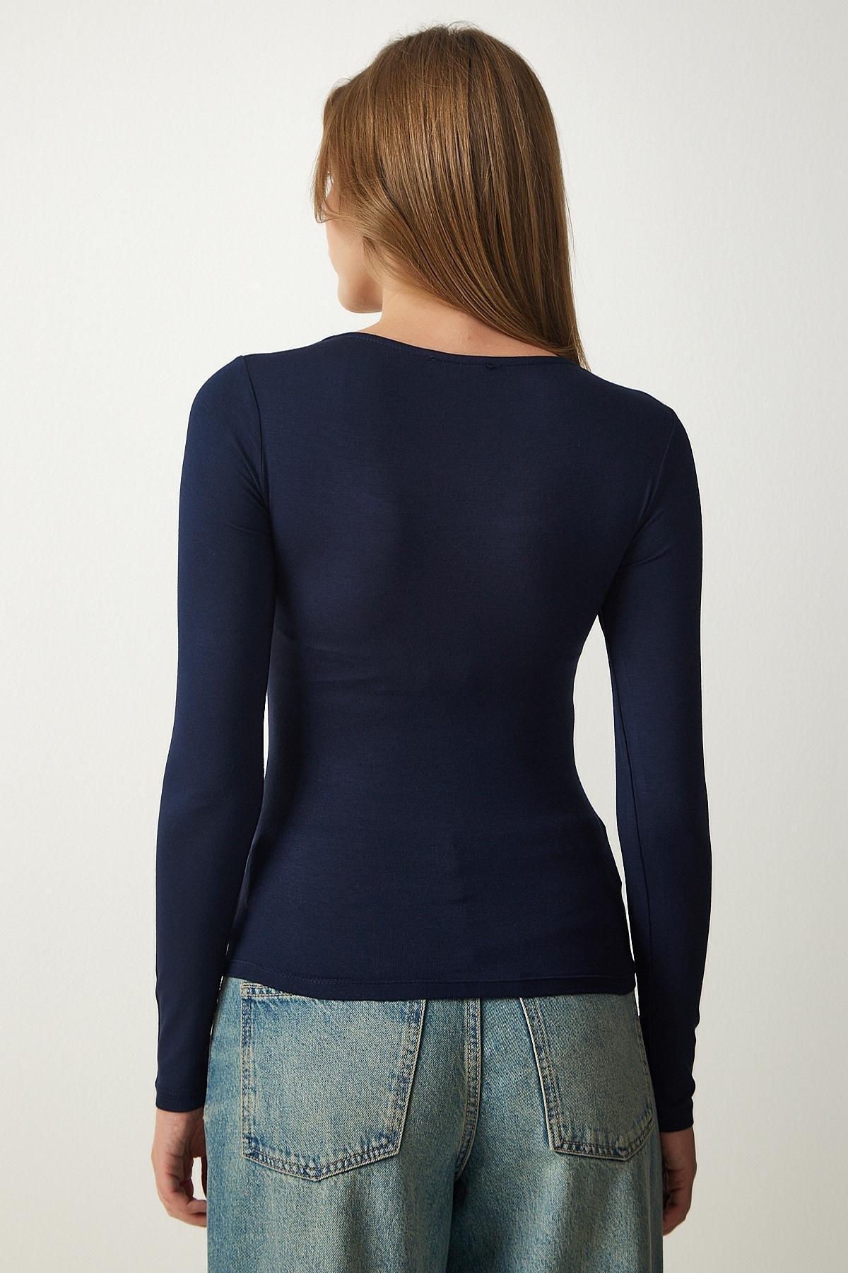 Navy Square Neck Viscose Knitted Blouse, , large image number 4