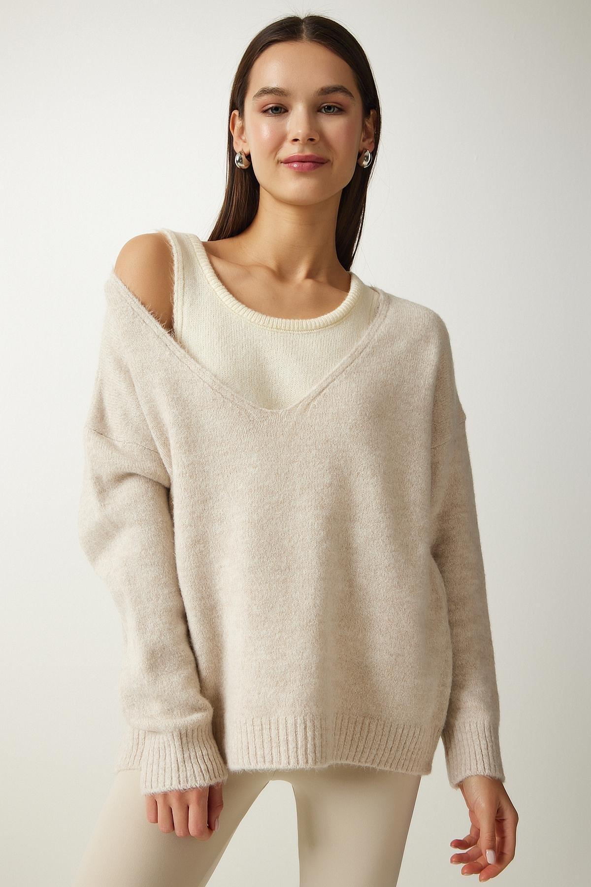Beige Textured Knitted Sweater, , large image number 1
