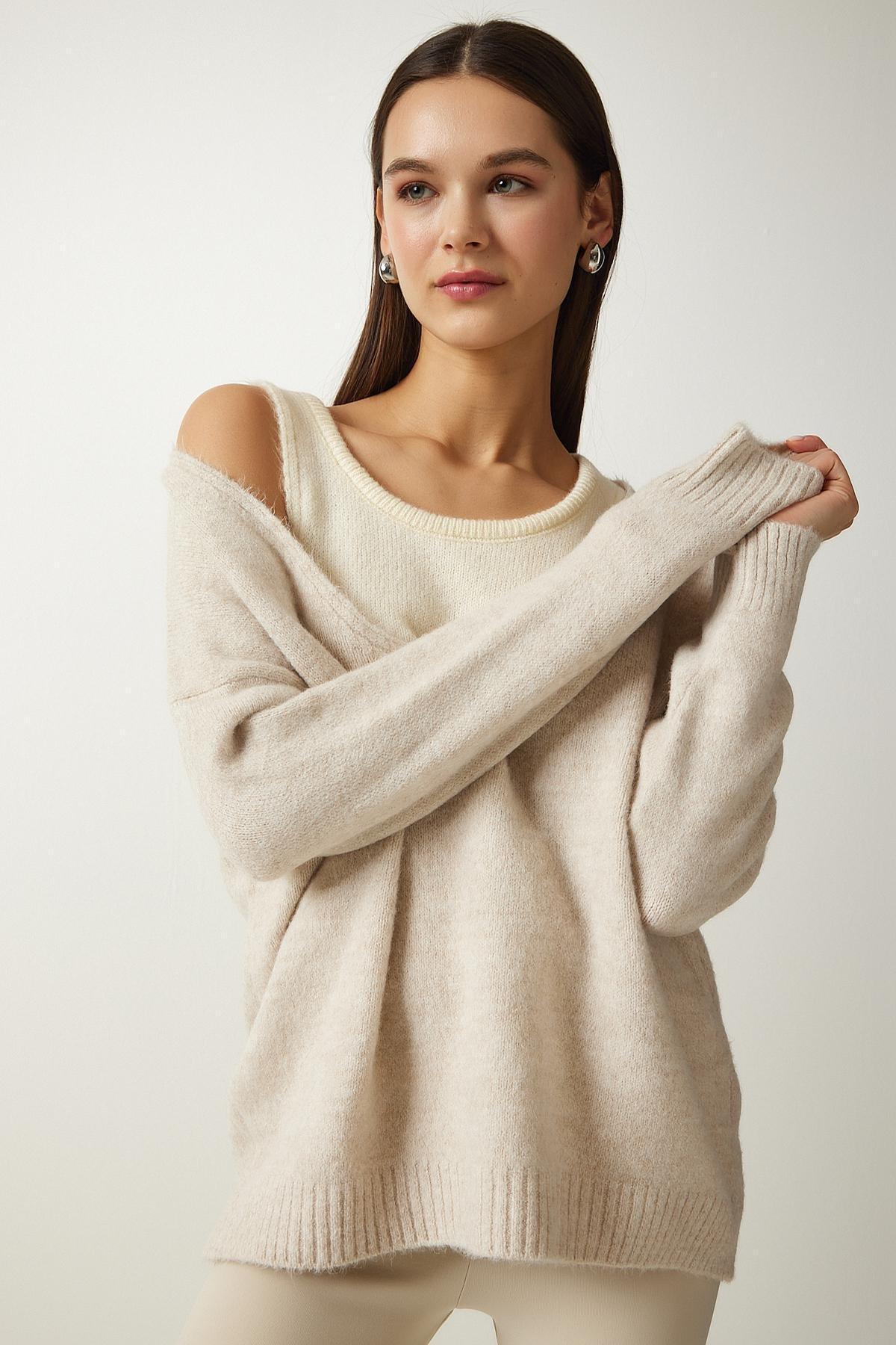 Beige Textured Knitted Sweater, , large image number 2