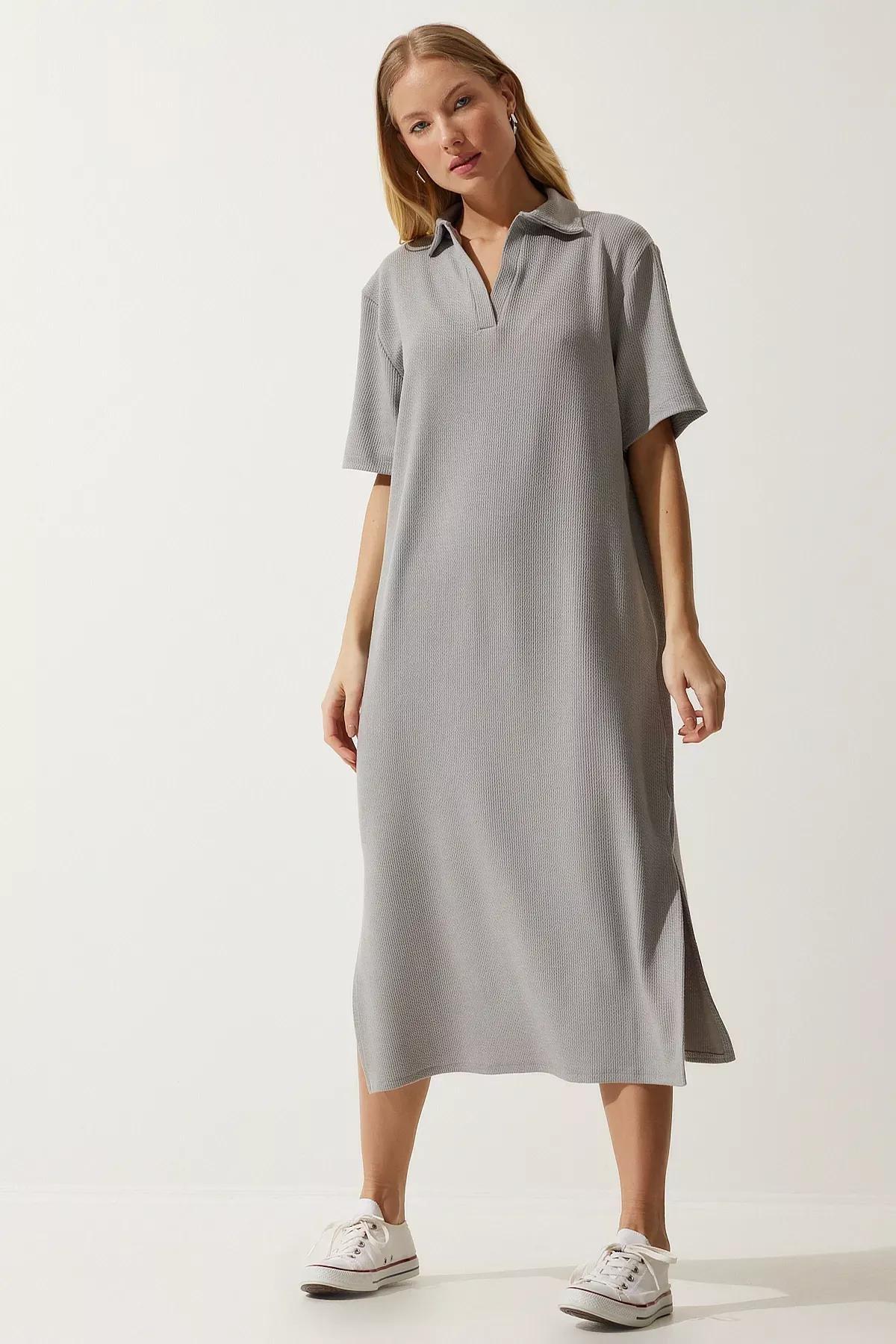 Grey Polo Neck Ribbed Dress, , large image number 0