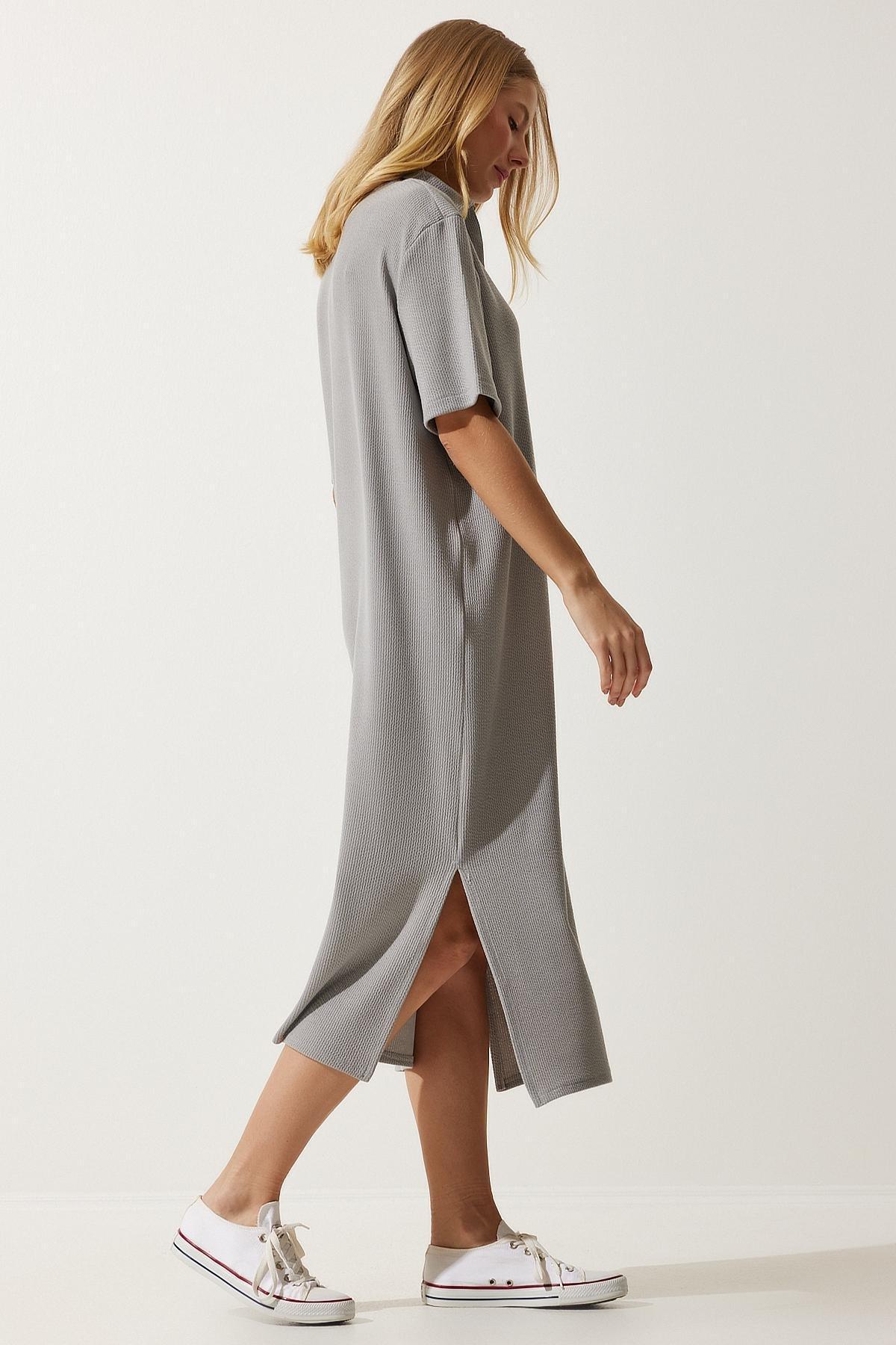 Womens Gray Polo Neck Knitted Ribbed Dress DZ00110, single, , large image number 0
