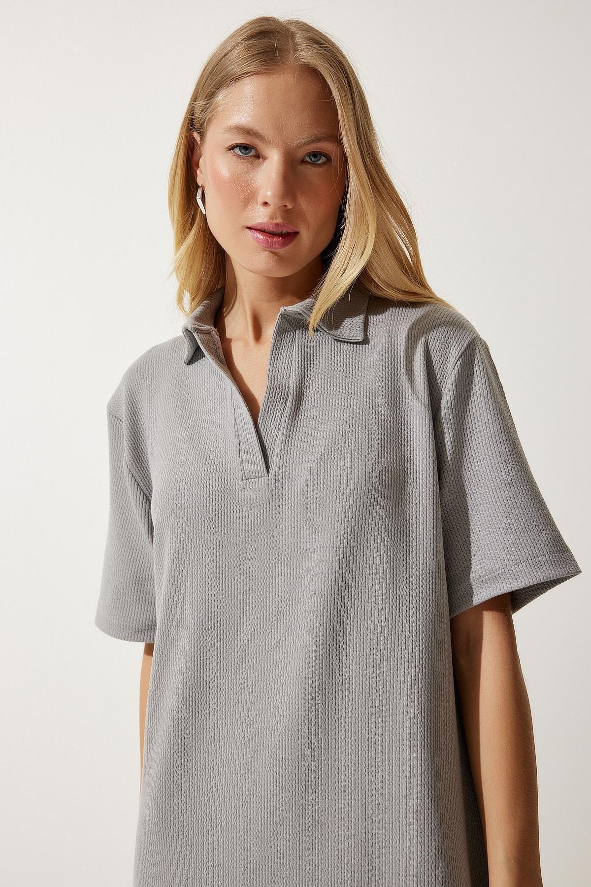Womens Gray Polo Neck Knitted Ribbed Dress DZ00110, single, , large image number 1