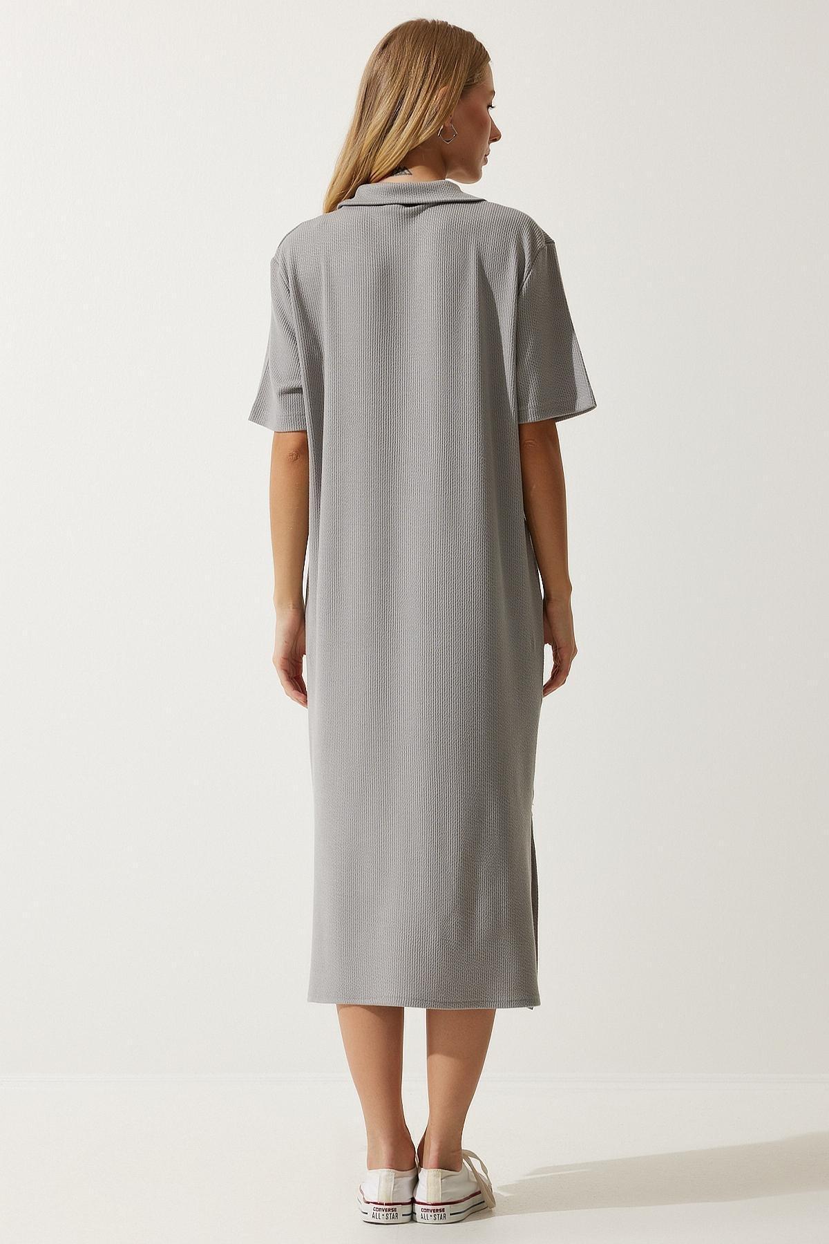 Womens Gray Polo Neck Knitted Ribbed Dress DZ00110, single, , large image number 3