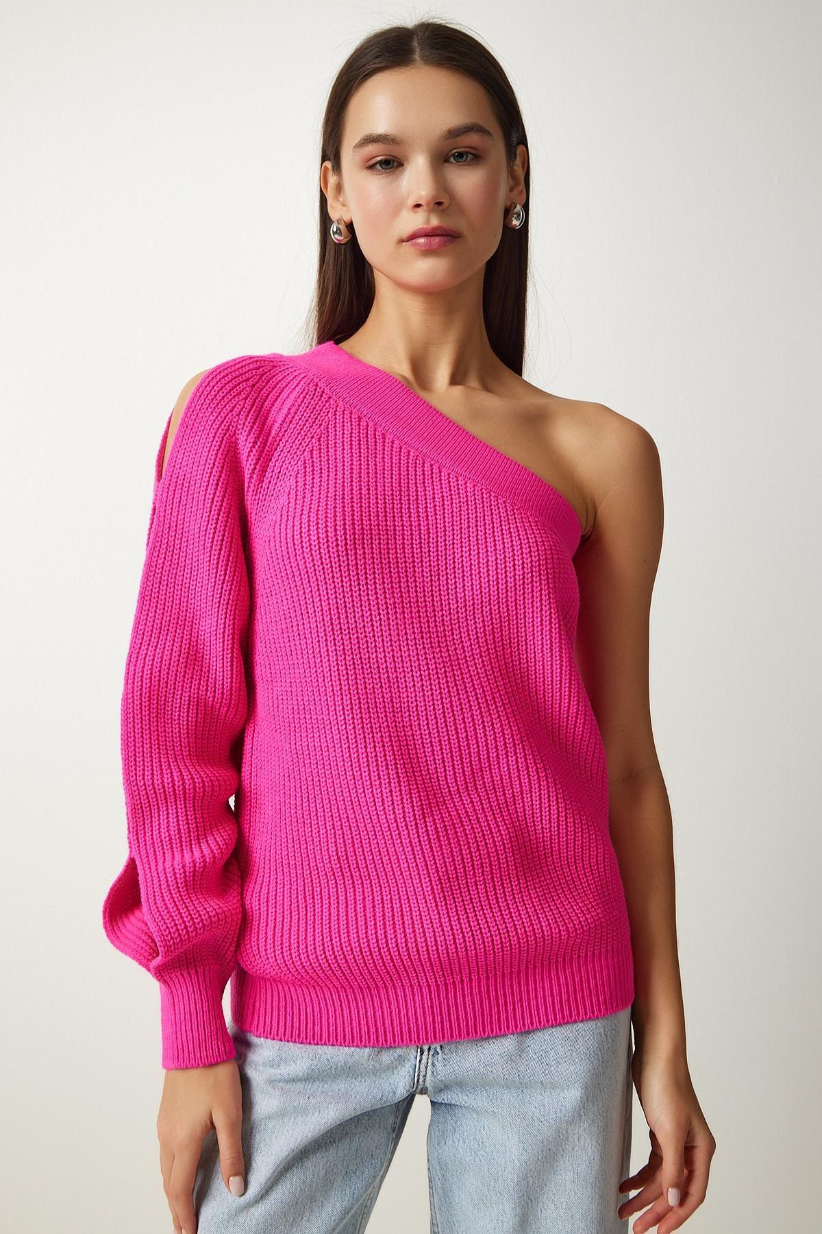 Pink Detailed Single Sleeve Knitted Sweater, Fuchsia, large image number 2