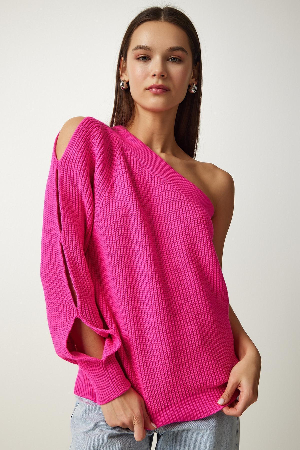 Pink Detailed Single Sleeve Knitted Sweater, Fuchsia, large image number 3
