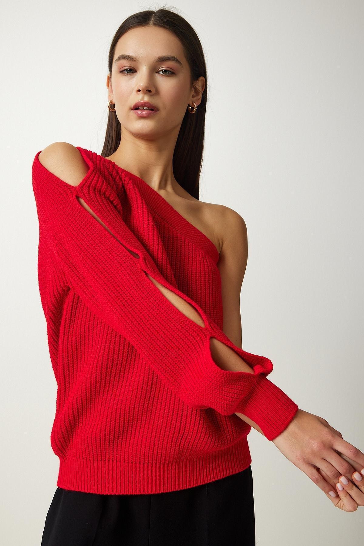 Womens Red Window Detail Single Sleeve Knitwear Sweater PF00059, single, Red, large image number 0