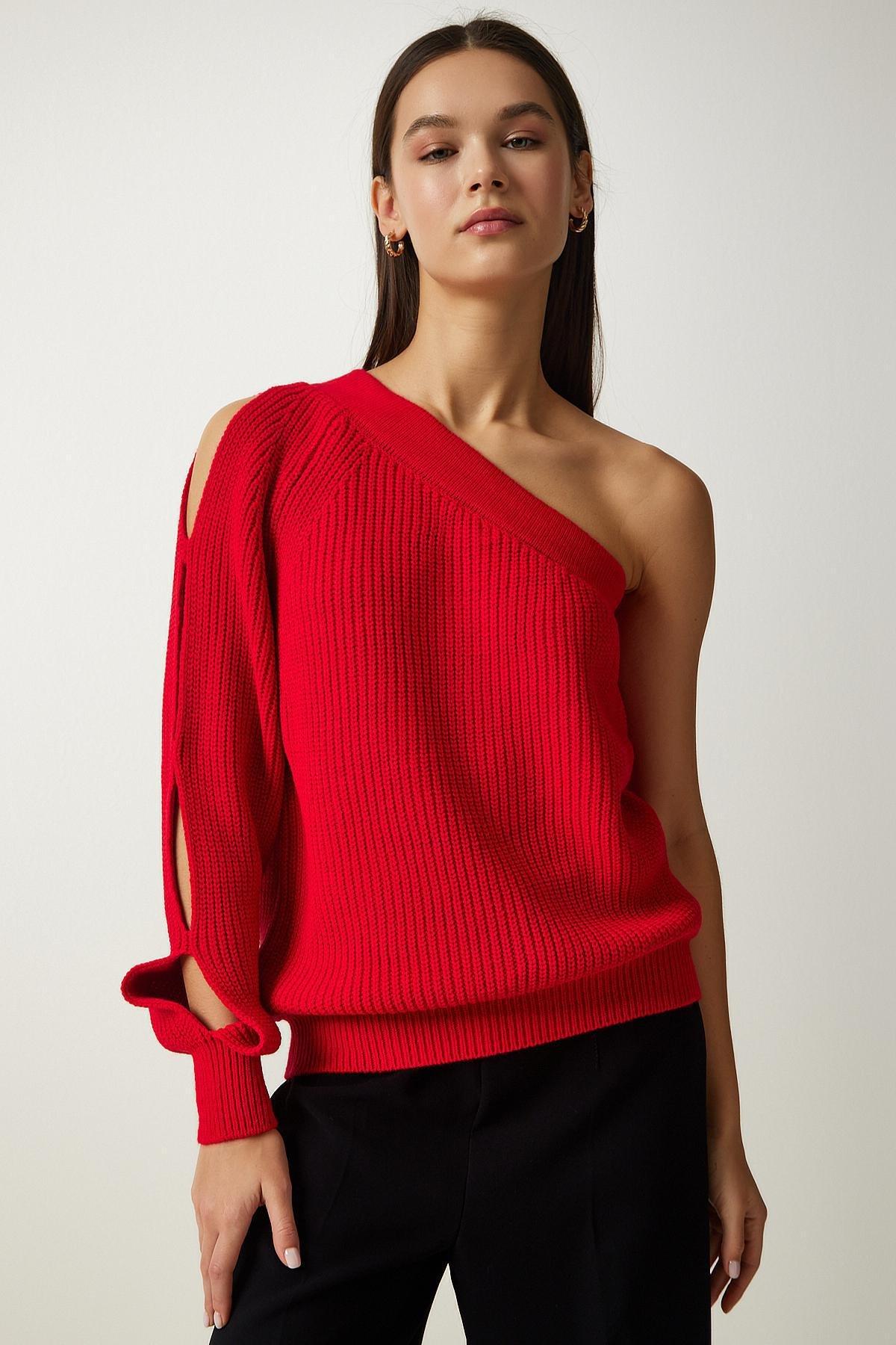 Womens Red Window Detail Single Sleeve Knitwear Sweater PF00059, single, Red, large image number 1