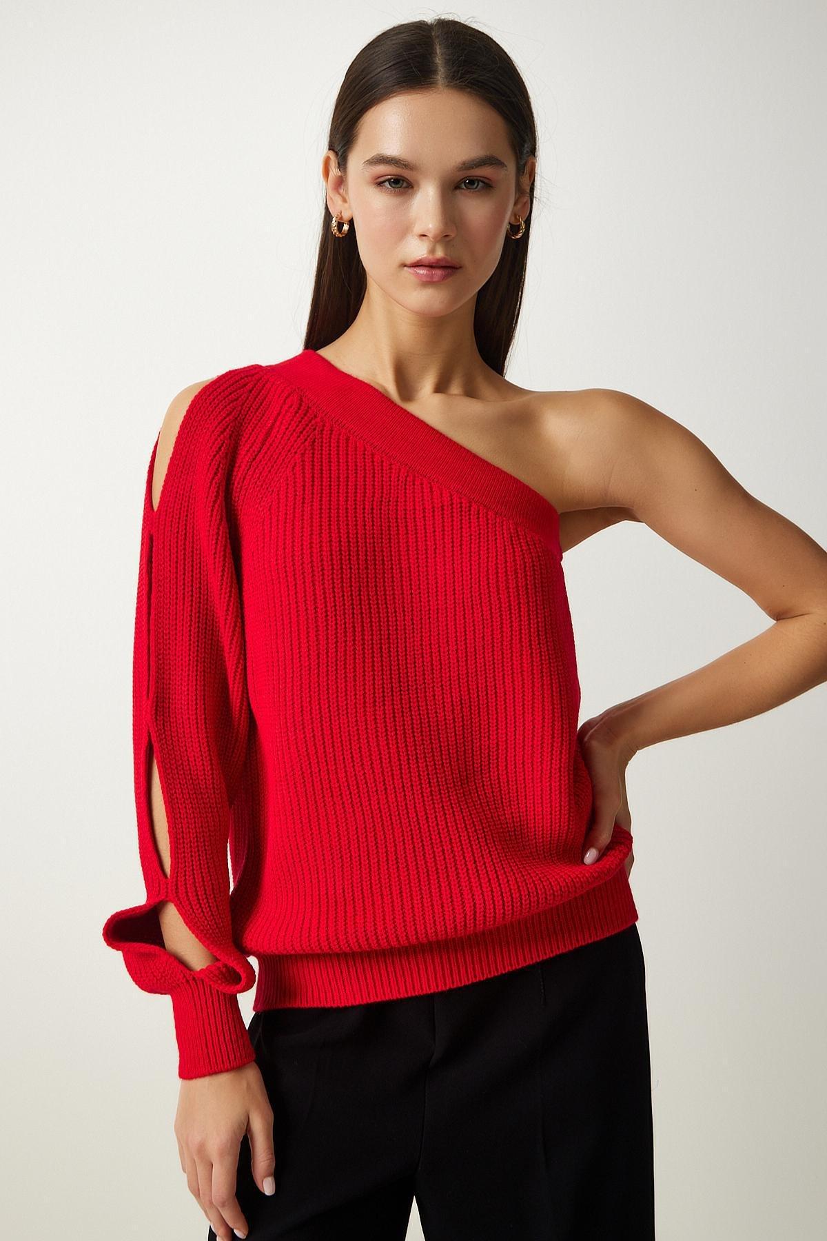 Womens Red Window Detail Single Sleeve Knitwear Sweater PF00059, single, Red, large image number 2