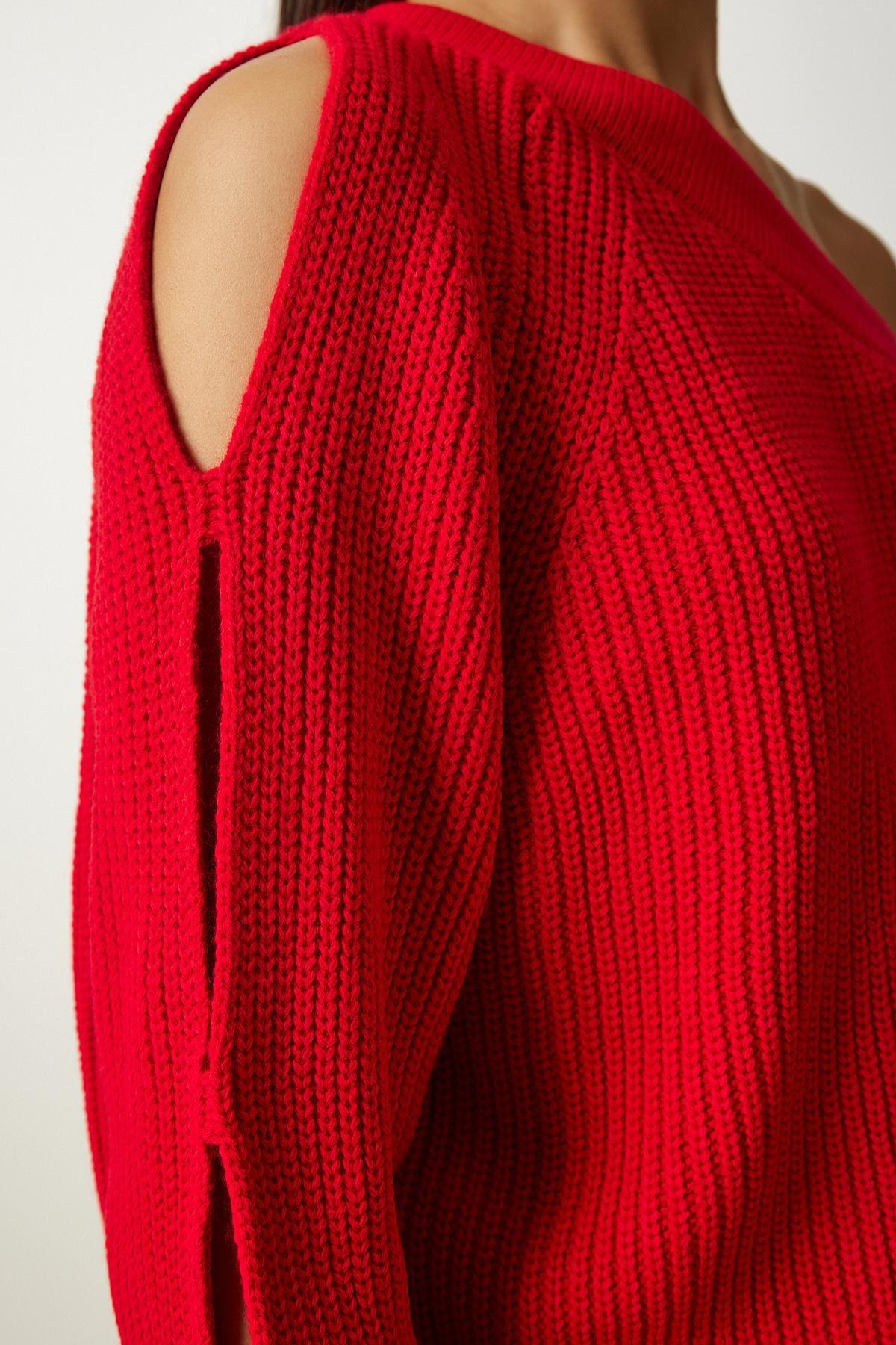 Womens Red Window Detail Single Sleeve Knitwear Sweater PF00059, single, Red, large image number 3