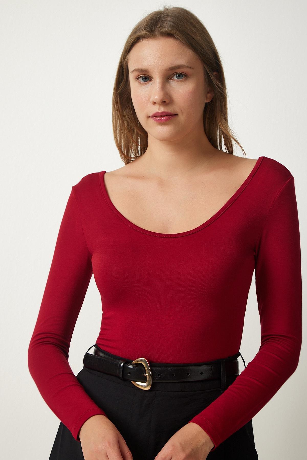 Burgundy Wide U-Neck Viscose Knitted Blouse, Burgundy, large image number 0