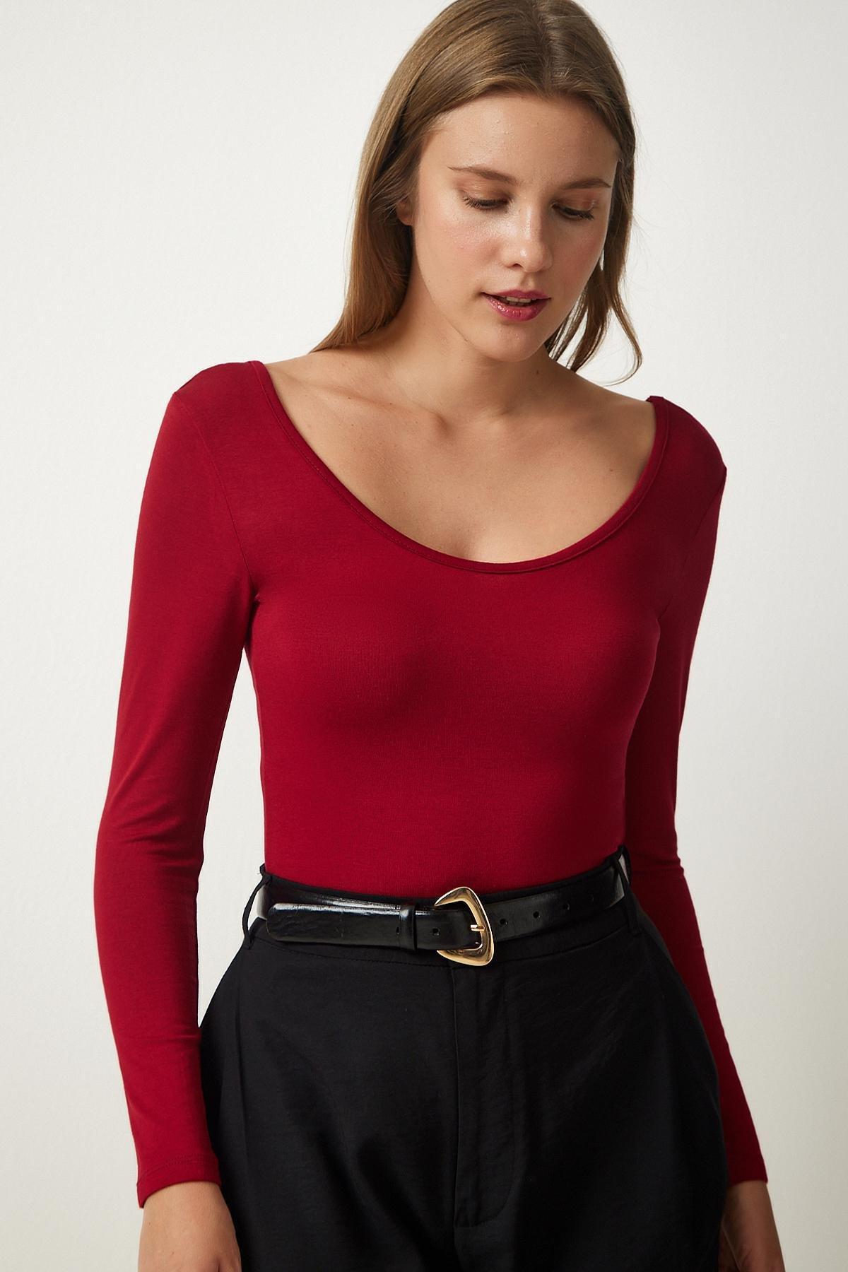Burgundy Wide U-Neck Viscose Knitted Blouse, Burgundy, large image number 1