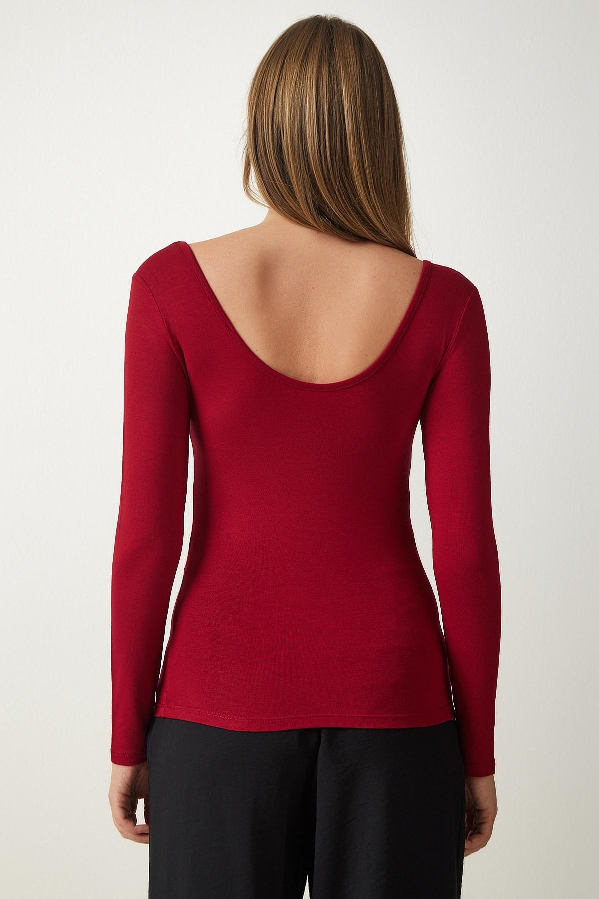 Burgundy Wide U-Neck Viscose Knitted Blouse, Burgundy, large image number 3