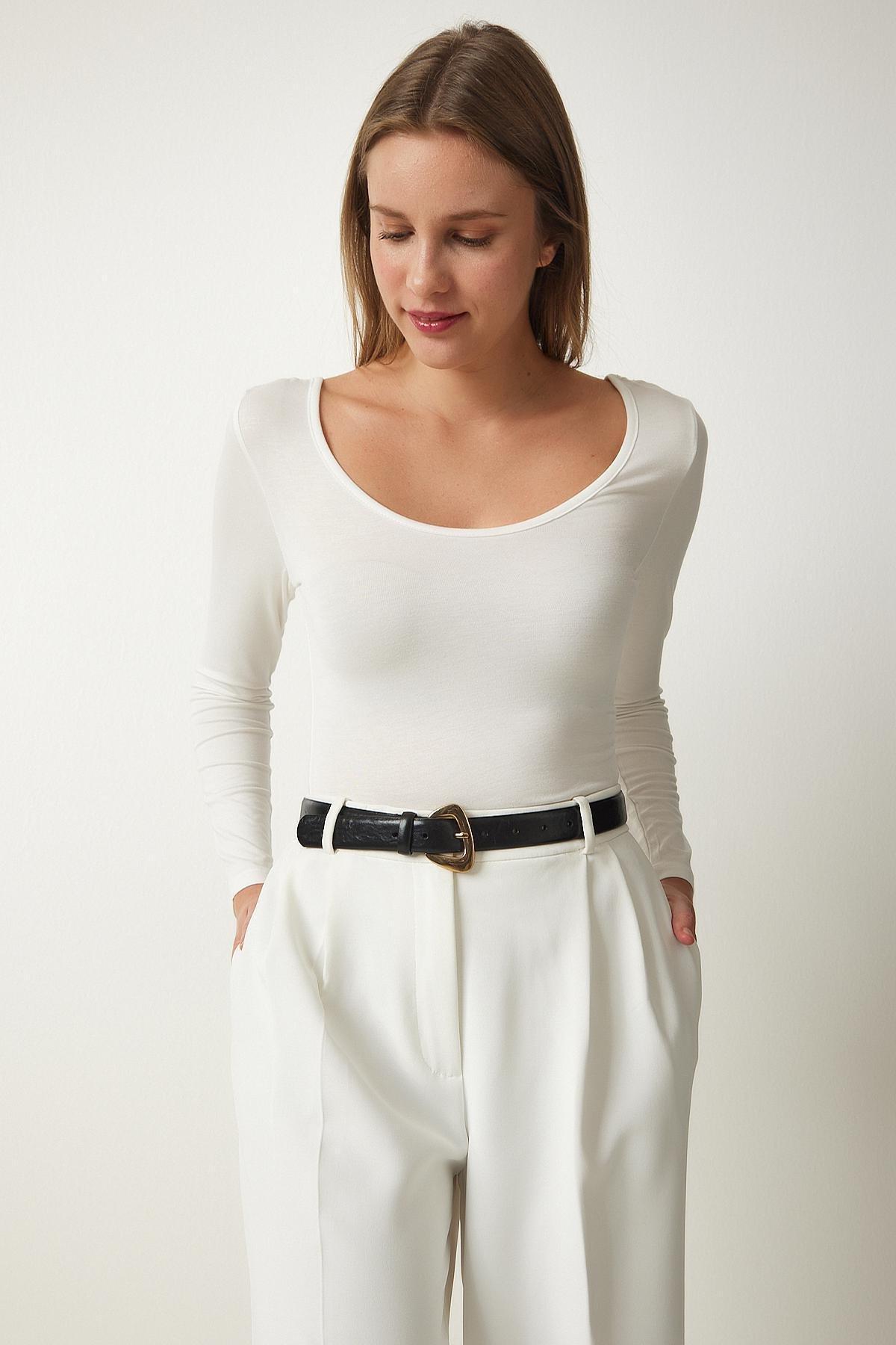 Womens White Wide U Neck Viscose Knitted Blouse RX00043, single, , large image number 2