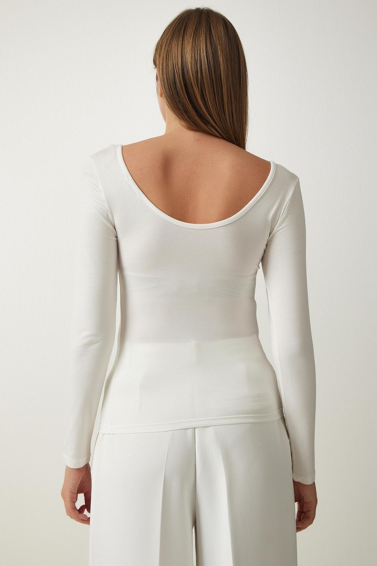 Womens White Wide U Neck Viscose Knitted Blouse RX00043, single, , large image number 4