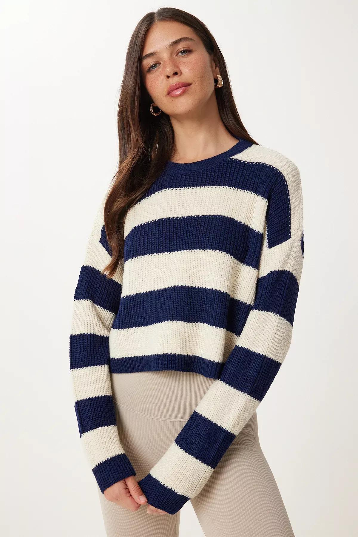 Womens Navy Blue Cream Striped Crop Knitwear Sweater PF00058, single, Navy Blue Cream, large image number 1