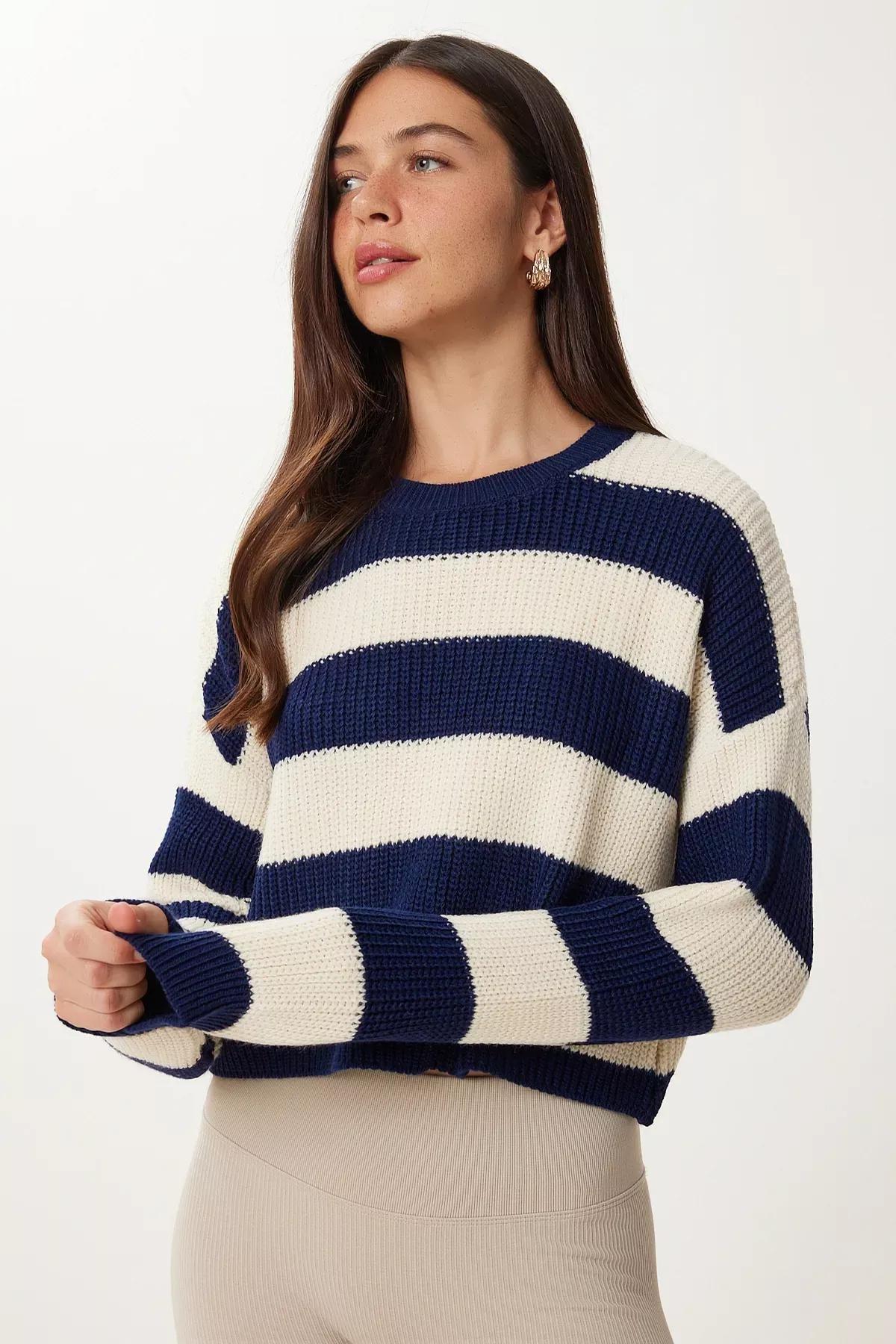 Womens Navy Blue Cream Striped Crop Knitwear Sweater PF00058, single, Navy Blue Cream, large image number 2