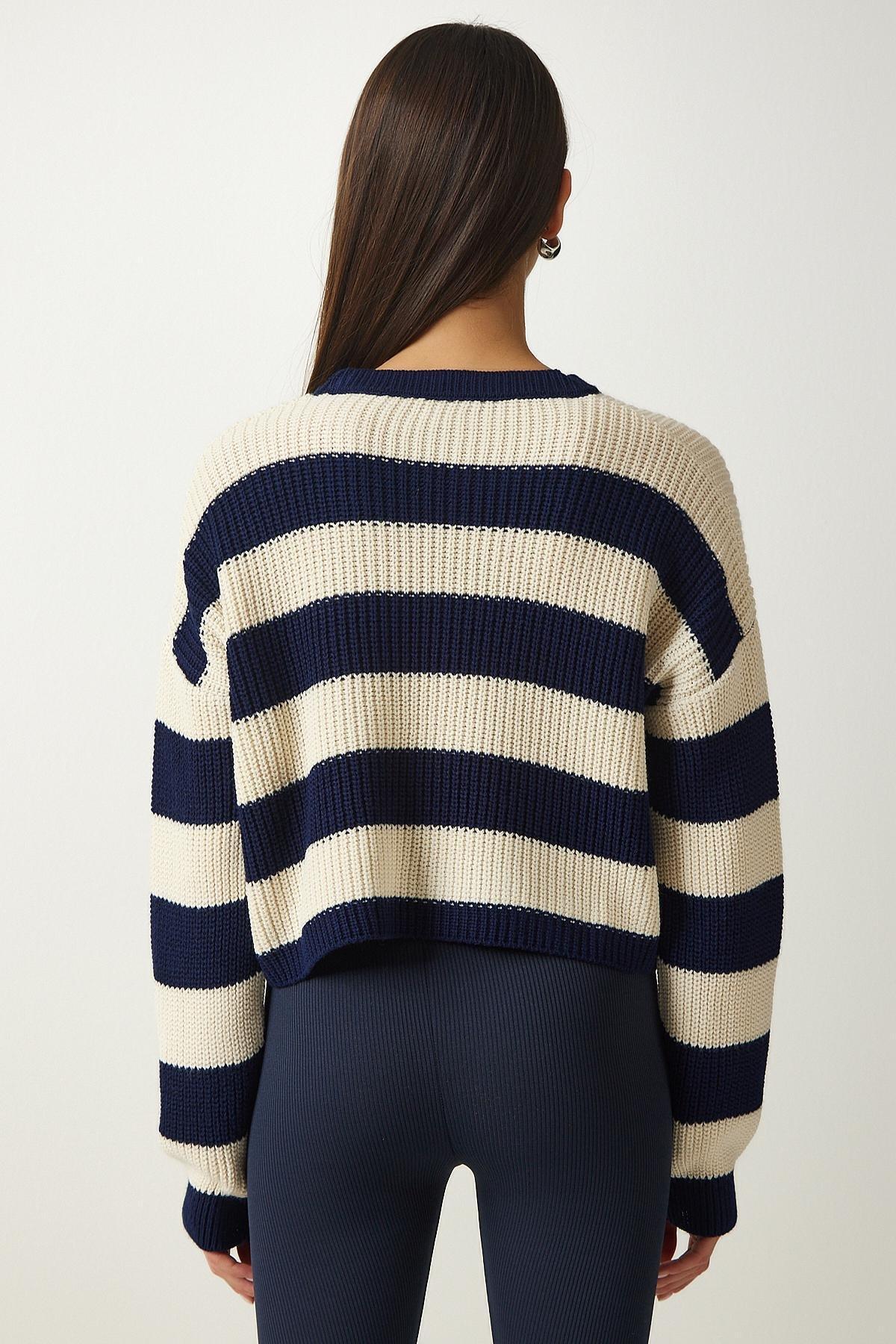 Womens Navy Blue Cream Striped Crop Knitwear Sweater PF00058, single, Navy Blue Cream, large image number 5