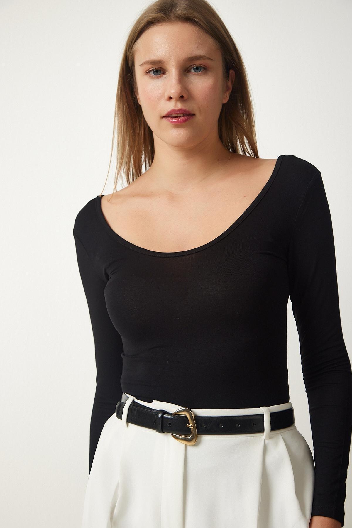 Womens Black and White Wide U Neck Double Pack Viscose Knitted Blouse RX00045, 2s, , large image number 1
