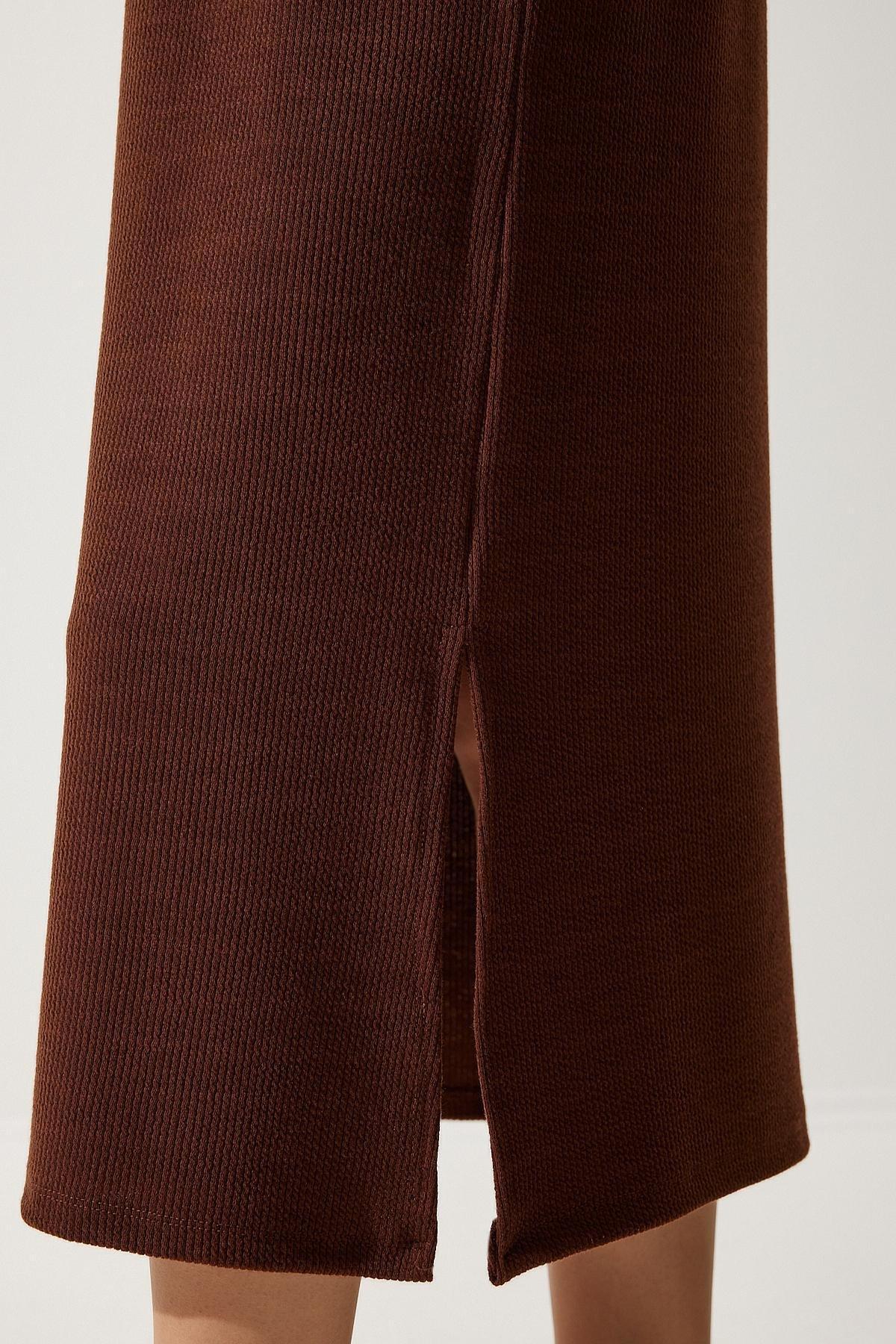 Brown Crew Neck Knitted Ribbed Dress, Brown, large image number 3
