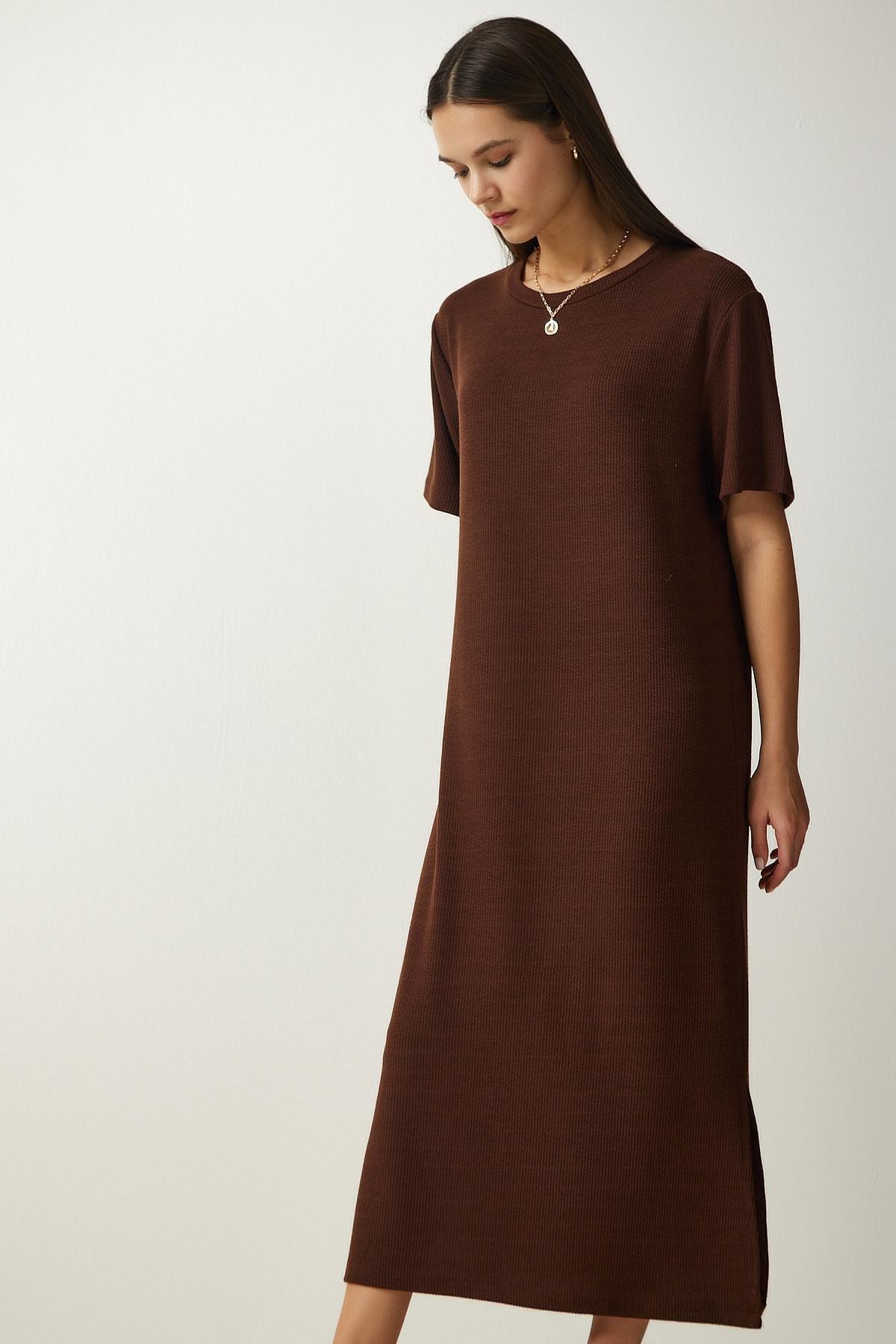 Brown Crew Neck Knitted Ribbed Dress, Brown, large image number 5