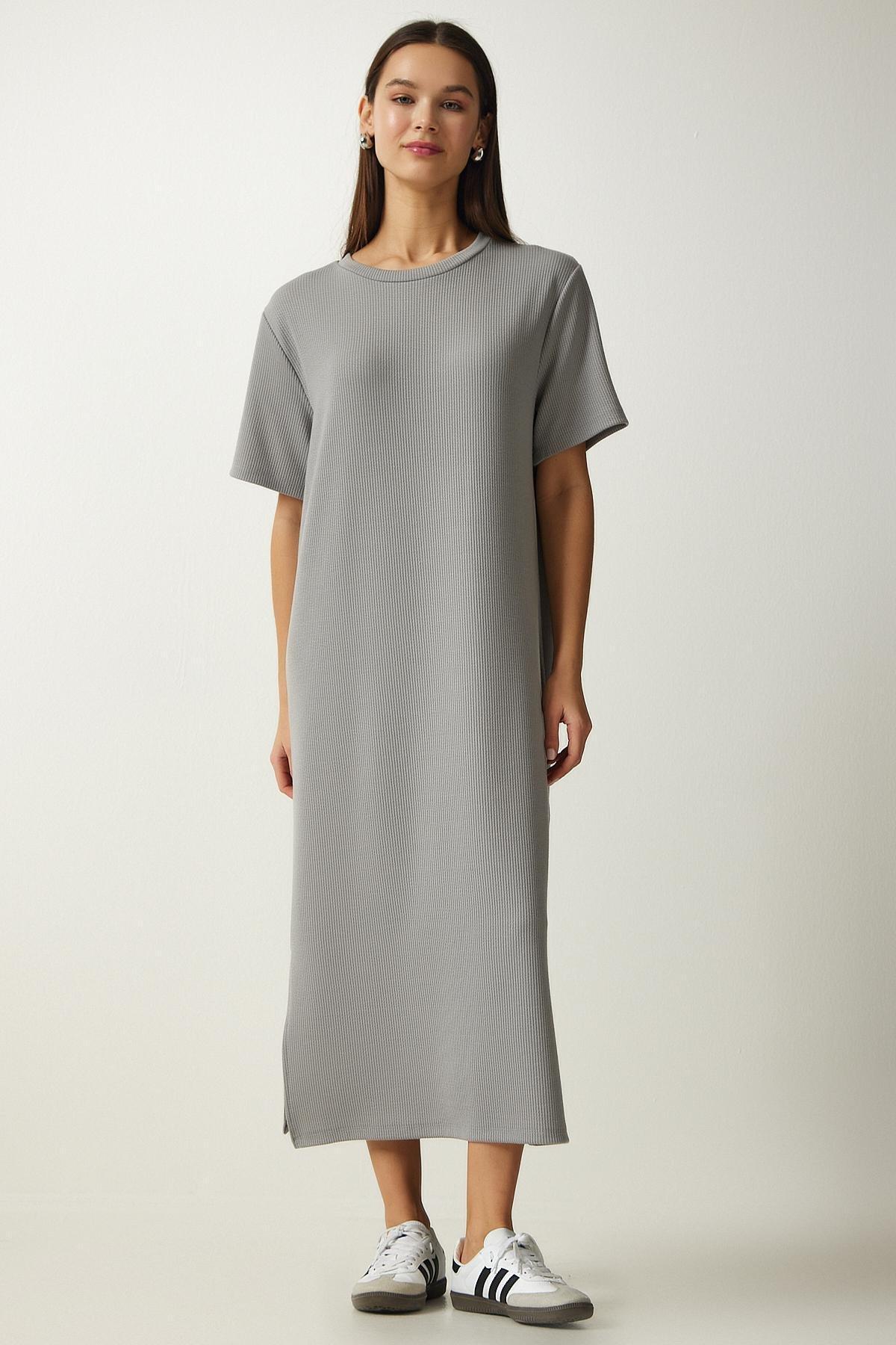 Grey Crew Neck Knitted Ribbed Dress, , large image number 0