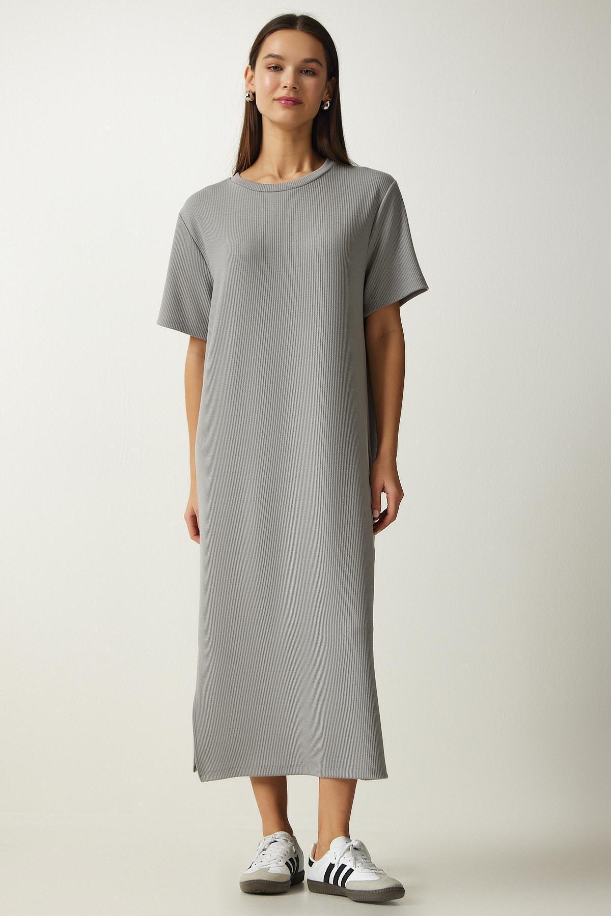 Happiness Istanbul - Grey Crew Neck Knitted Ribbed Dress