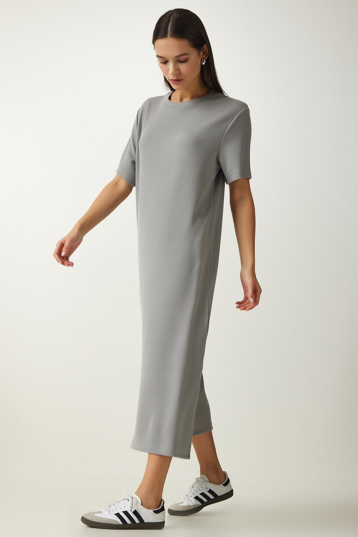 Grey Crew Neck Knitted Ribbed Dress, , large image number 1
