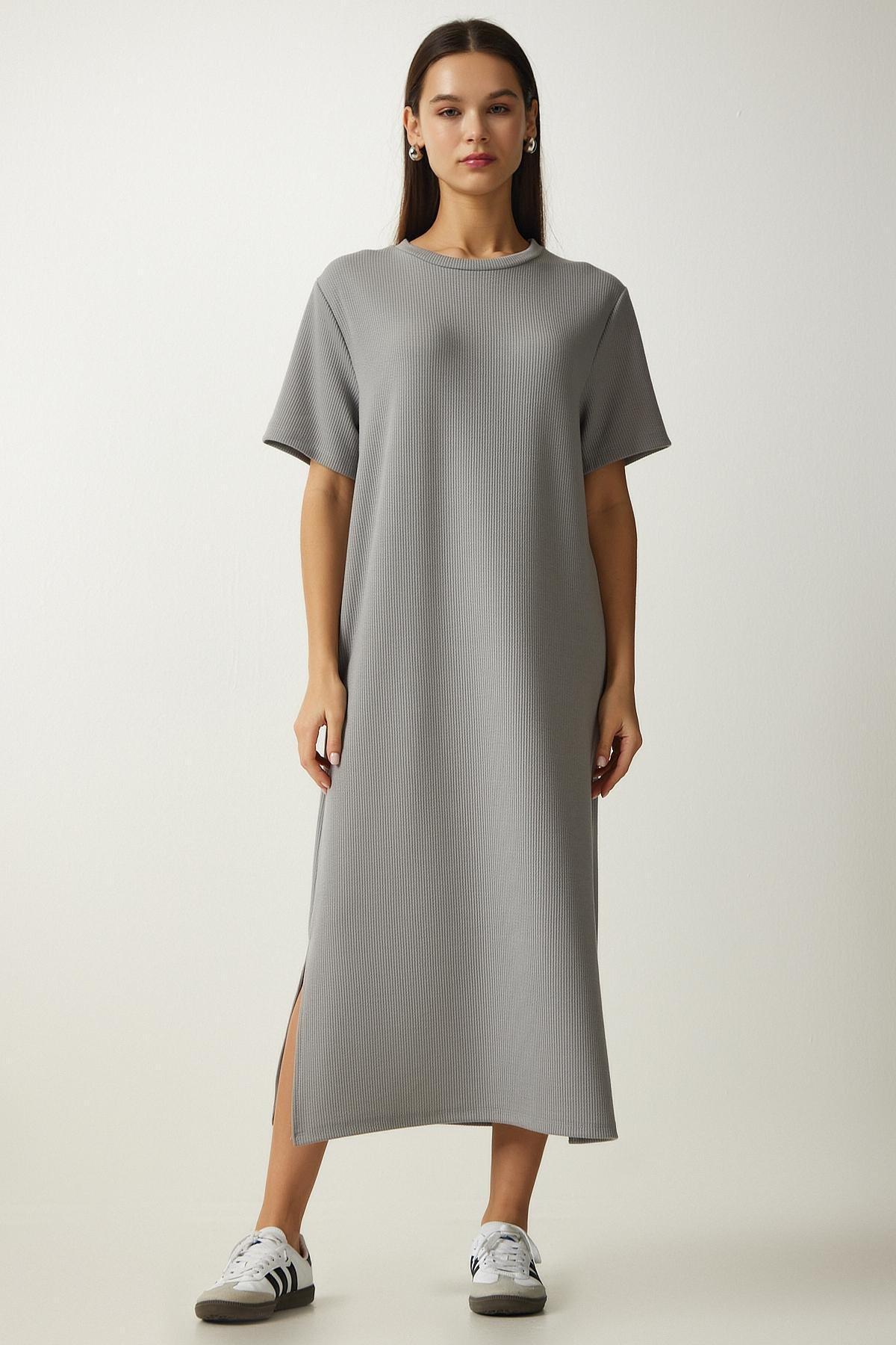 Grey Crew Neck Knitted Ribbed Dress, , large image number 2