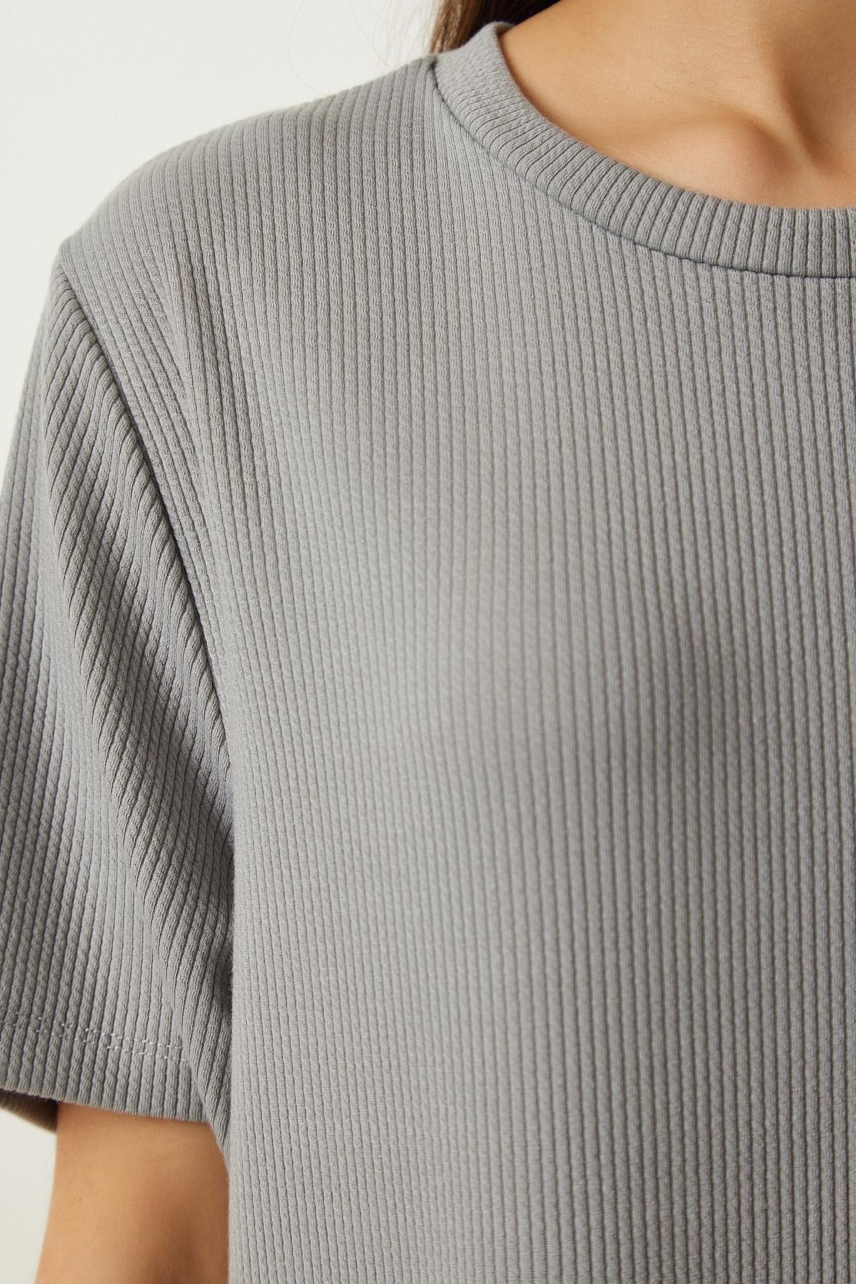 Grey Crew Neck Knitted Ribbed Dress, , large image number 3