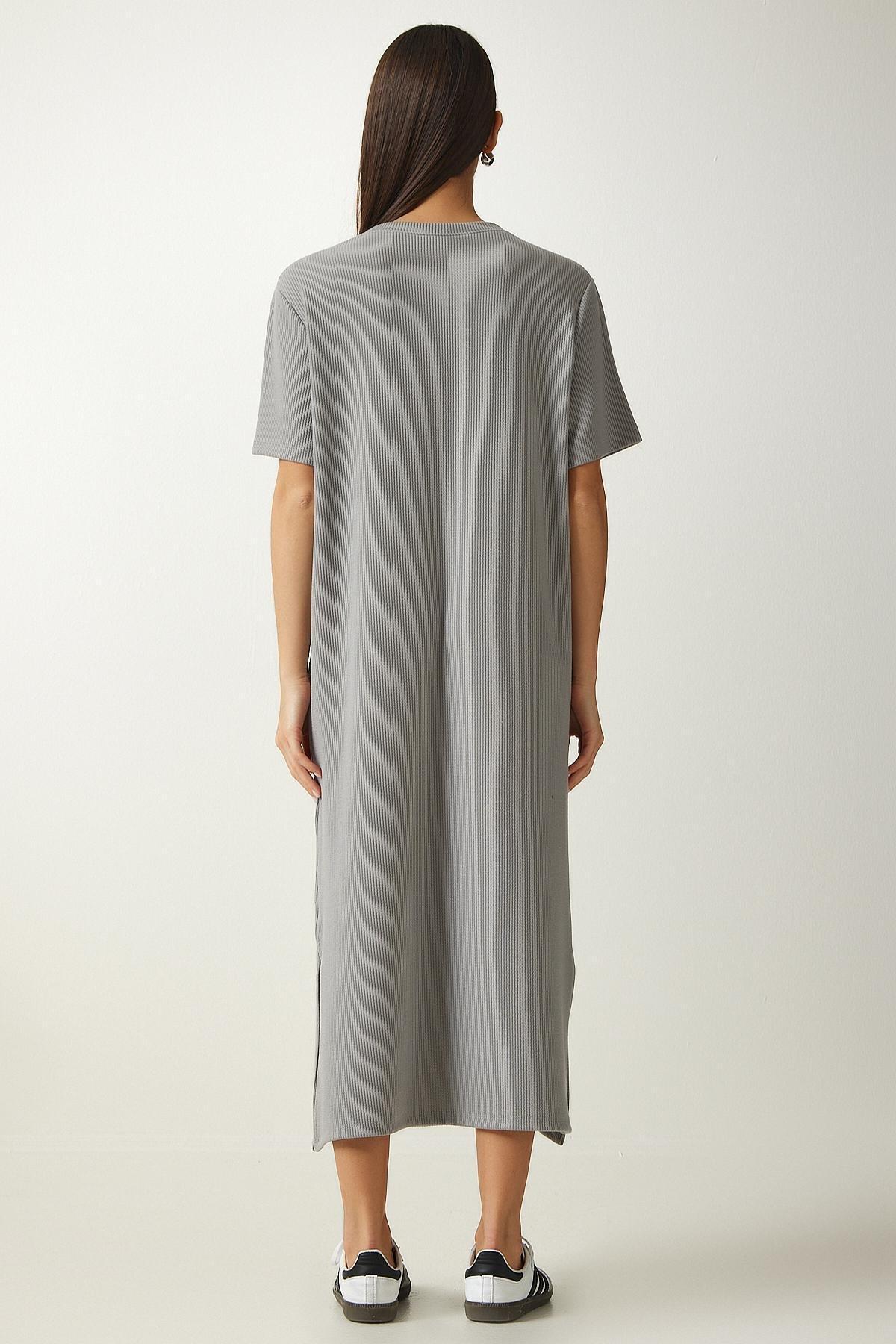 Grey Crew Neck Knitted Ribbed Dress, , large image number 4
