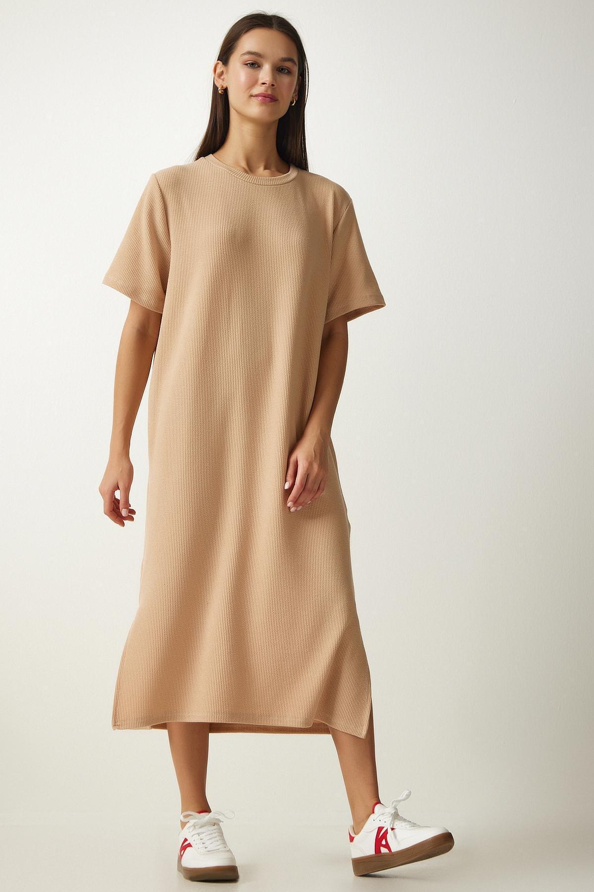 Womens Beige Crew Neck Knitted Ribbed Dress DZ00111, single, , large image number 0