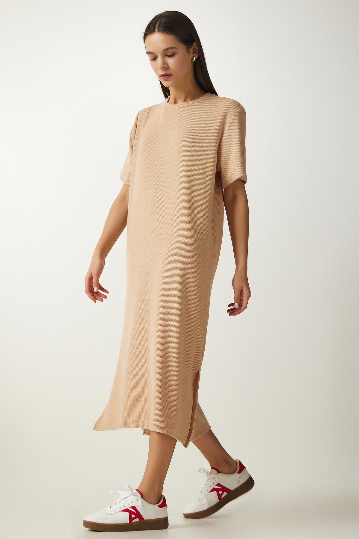 Womens Beige Crew Neck Knitted Ribbed Dress DZ00111, single, , large image number 1