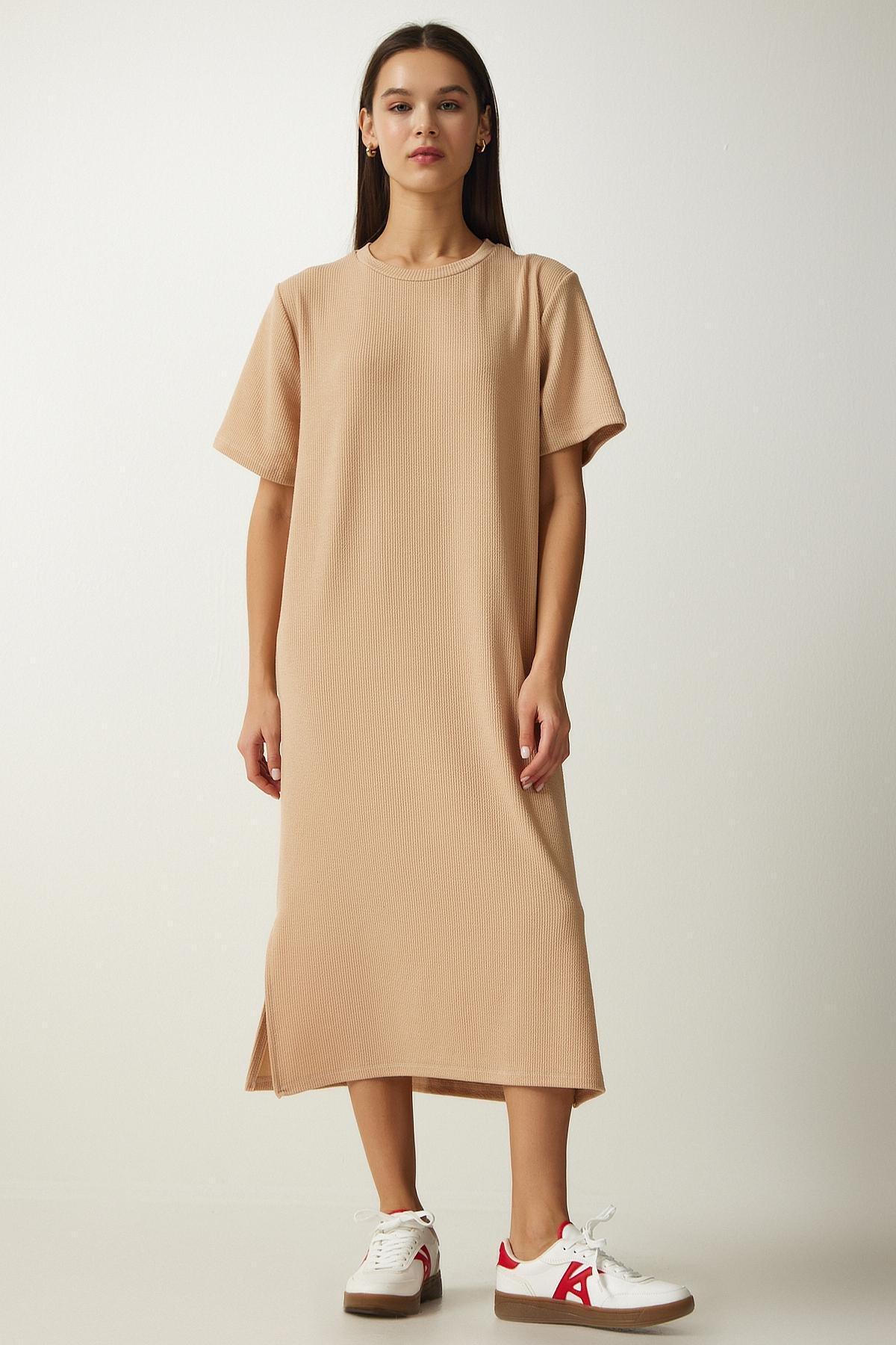 Womens Beige Crew Neck Knitted Ribbed Dress DZ00111, single, , large image number 2