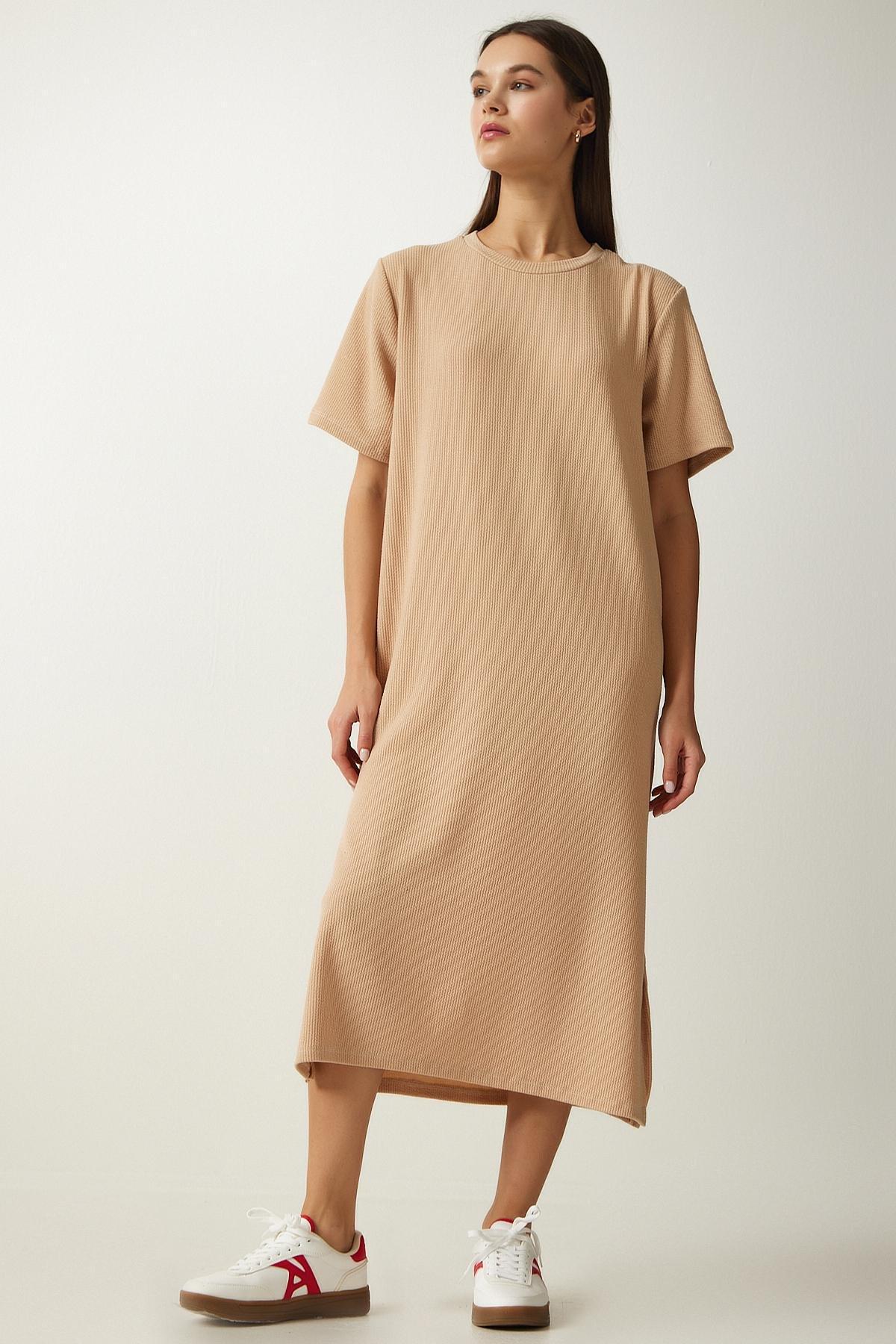 Womens Beige Crew Neck Knitted Ribbed Dress DZ00111, single, , large image number 3