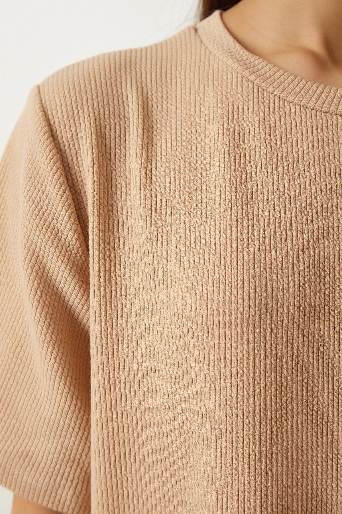Womens Beige Crew Neck Knitted Ribbed Dress DZ00111, single, , large image number 4