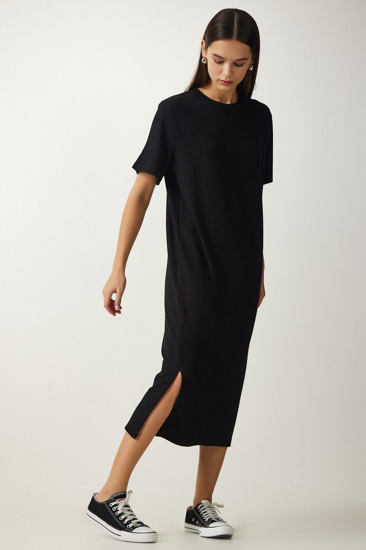 Black Crew Neck Knitted Ribbed Dress, BLACK, large image number 0