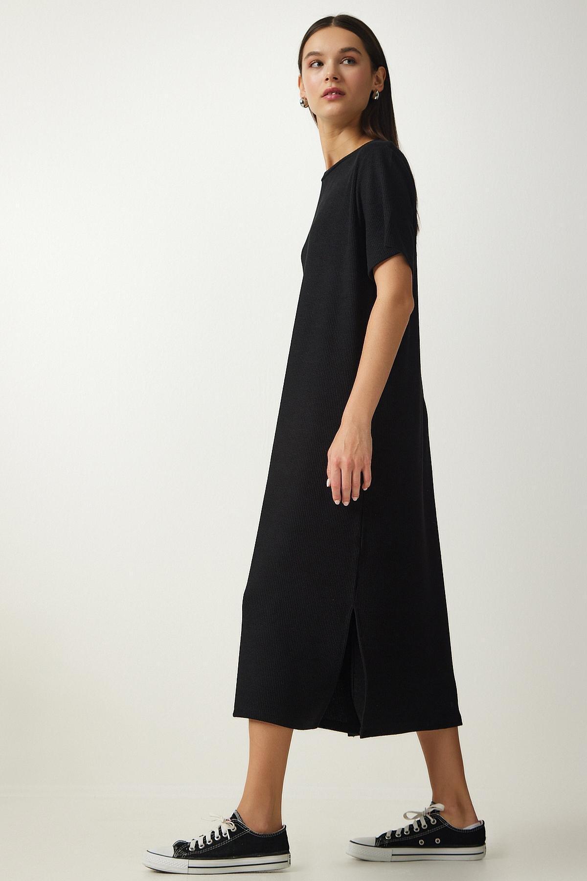 Black Crew Neck Knitted Ribbed Dress, BLACK, large image number 1