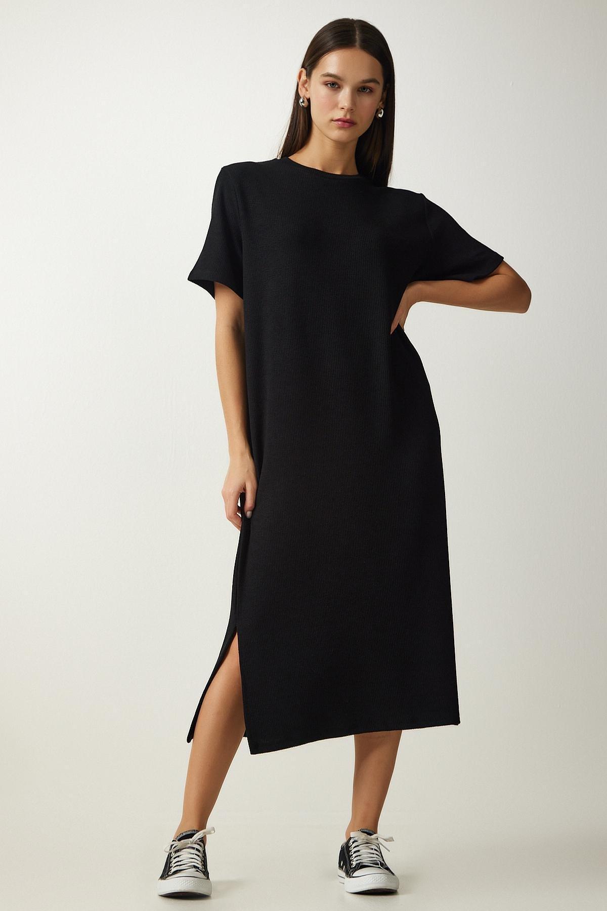 Black Crew Neck Knitted Ribbed Dress, BLACK, large image number 2
