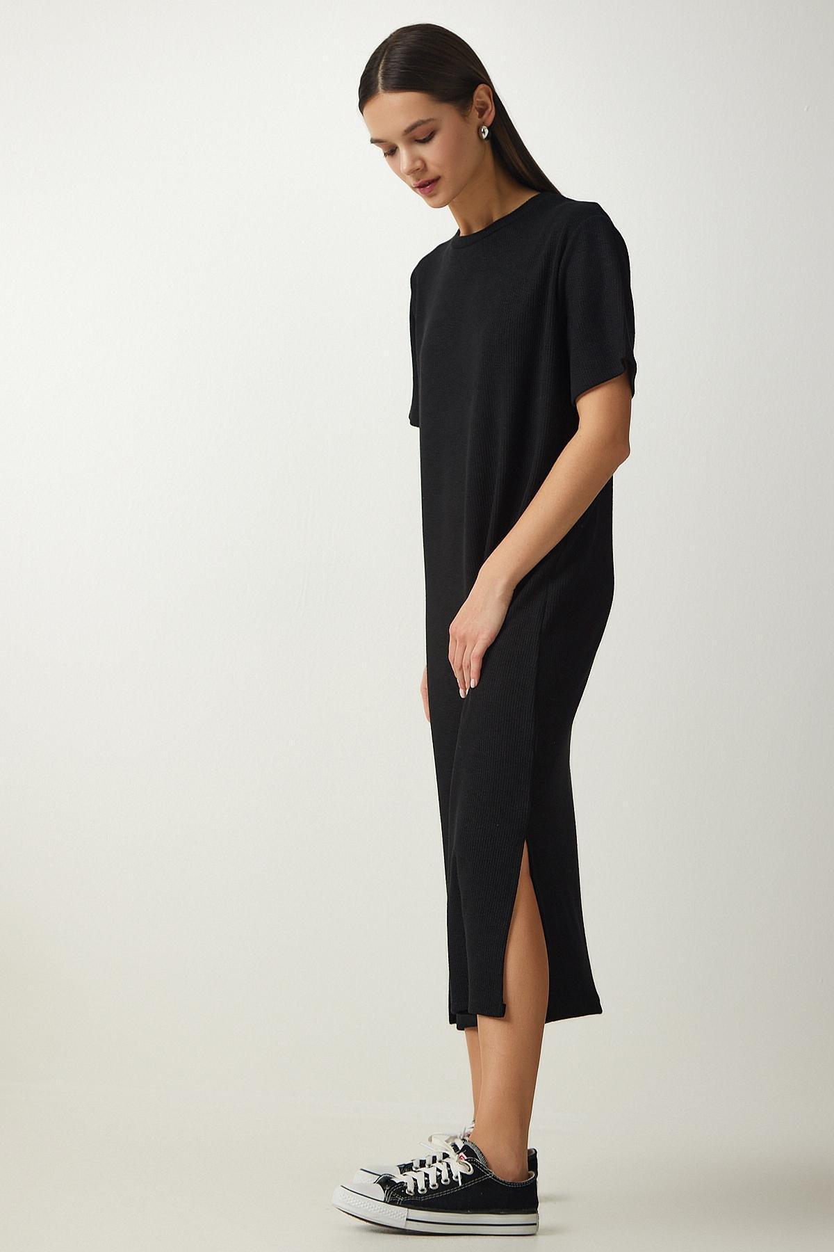 Black Crew Neck Knitted Ribbed Dress, BLACK, large image number 3