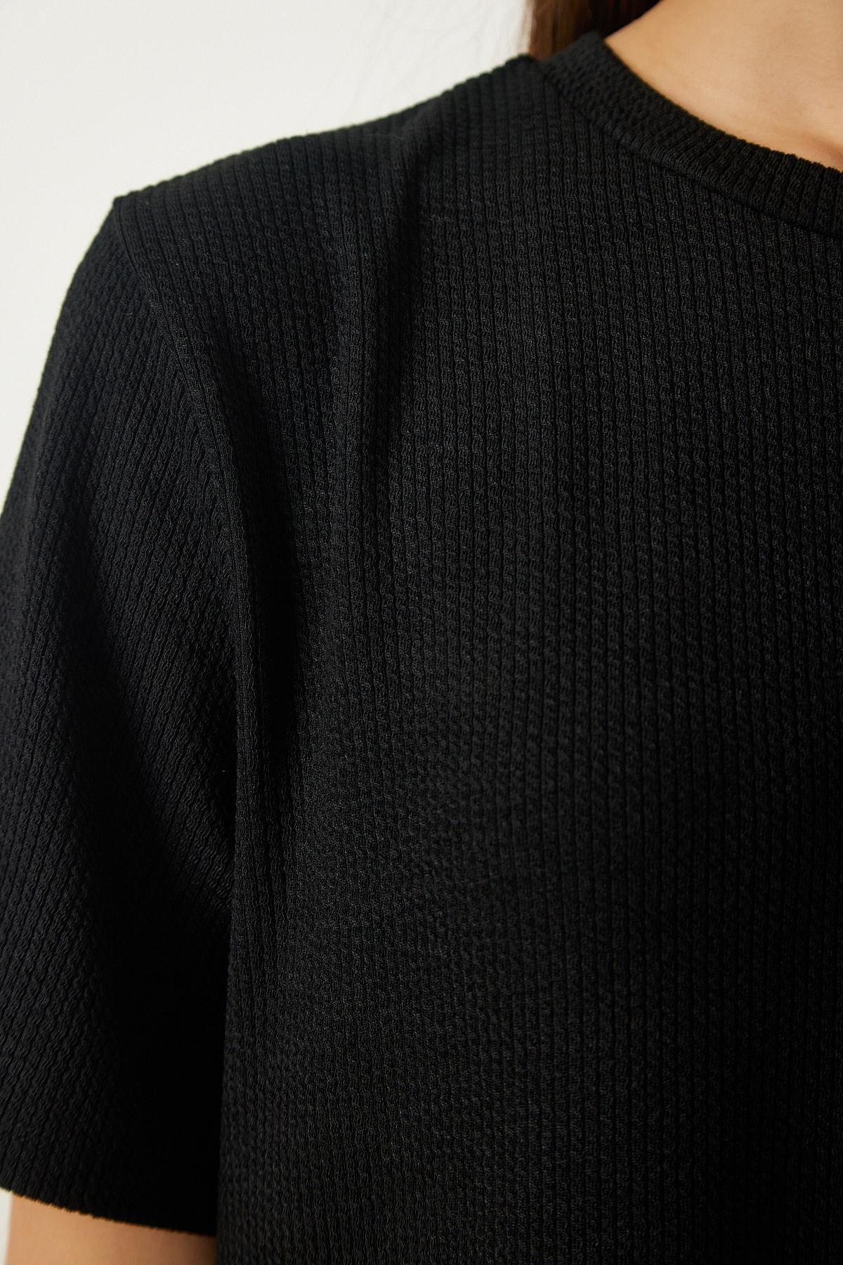 Black Crew Neck Knitted Ribbed Dress, BLACK, large image number 4