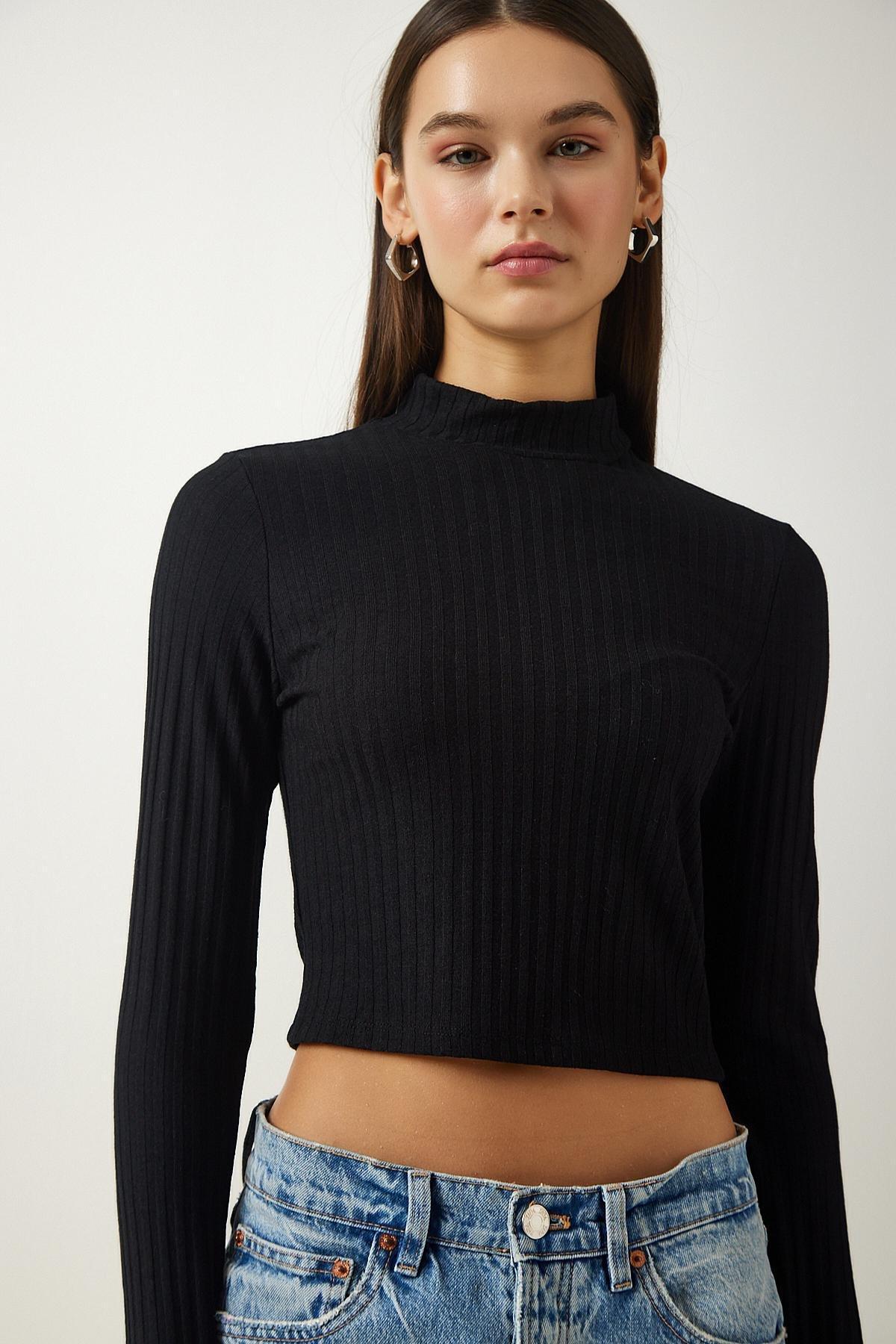 Black Turtleneck Ribbed Knitted Blouse, , large image number 3
