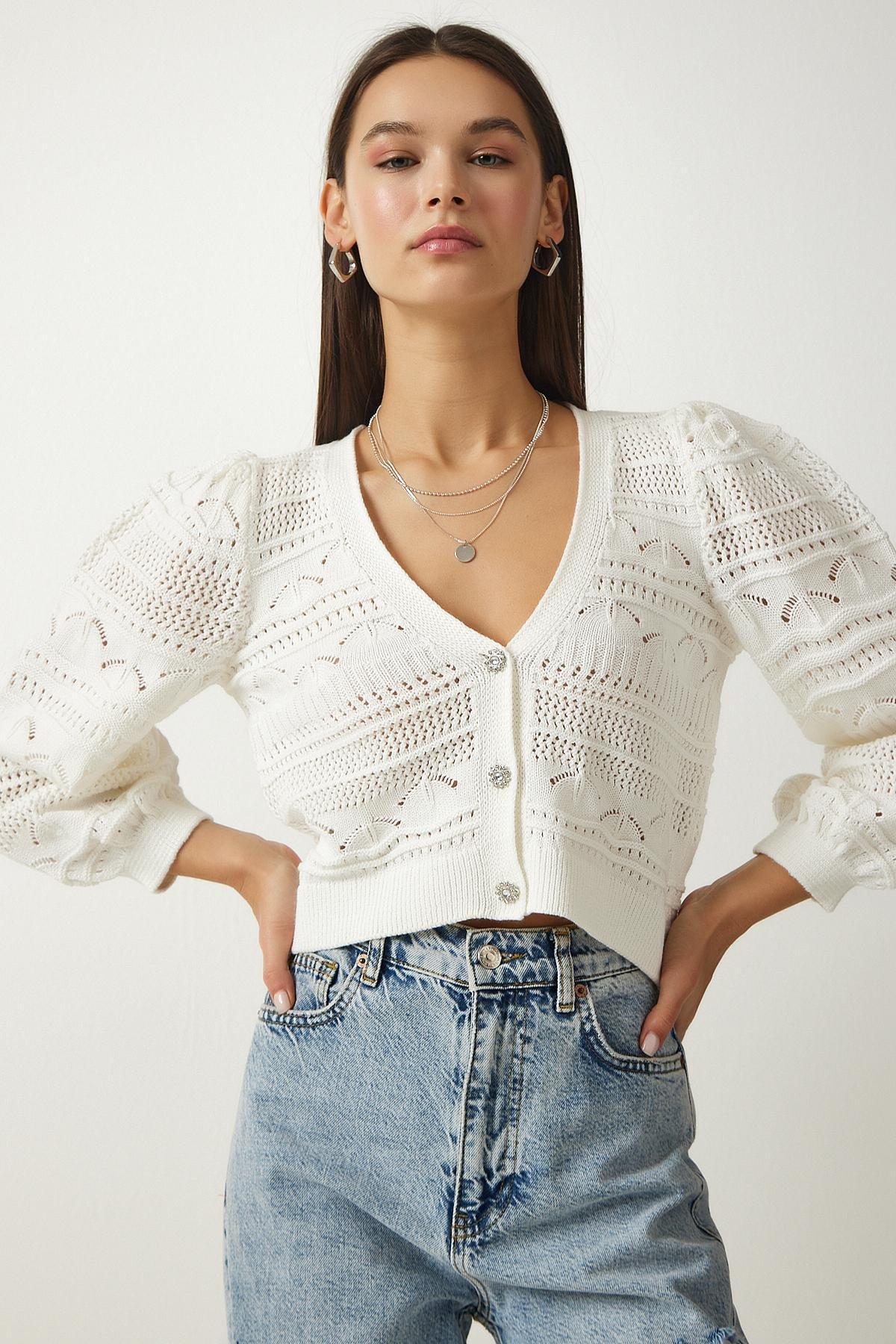 Ecru Buttoned Openwork Knitted Cardigan, , large image number 1