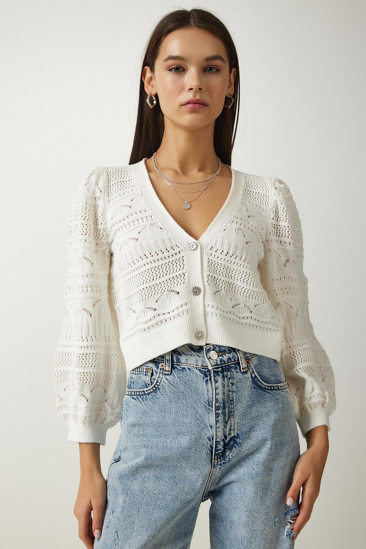 Ecru Buttoned Openwork Knitted Cardigan, , large image number 2